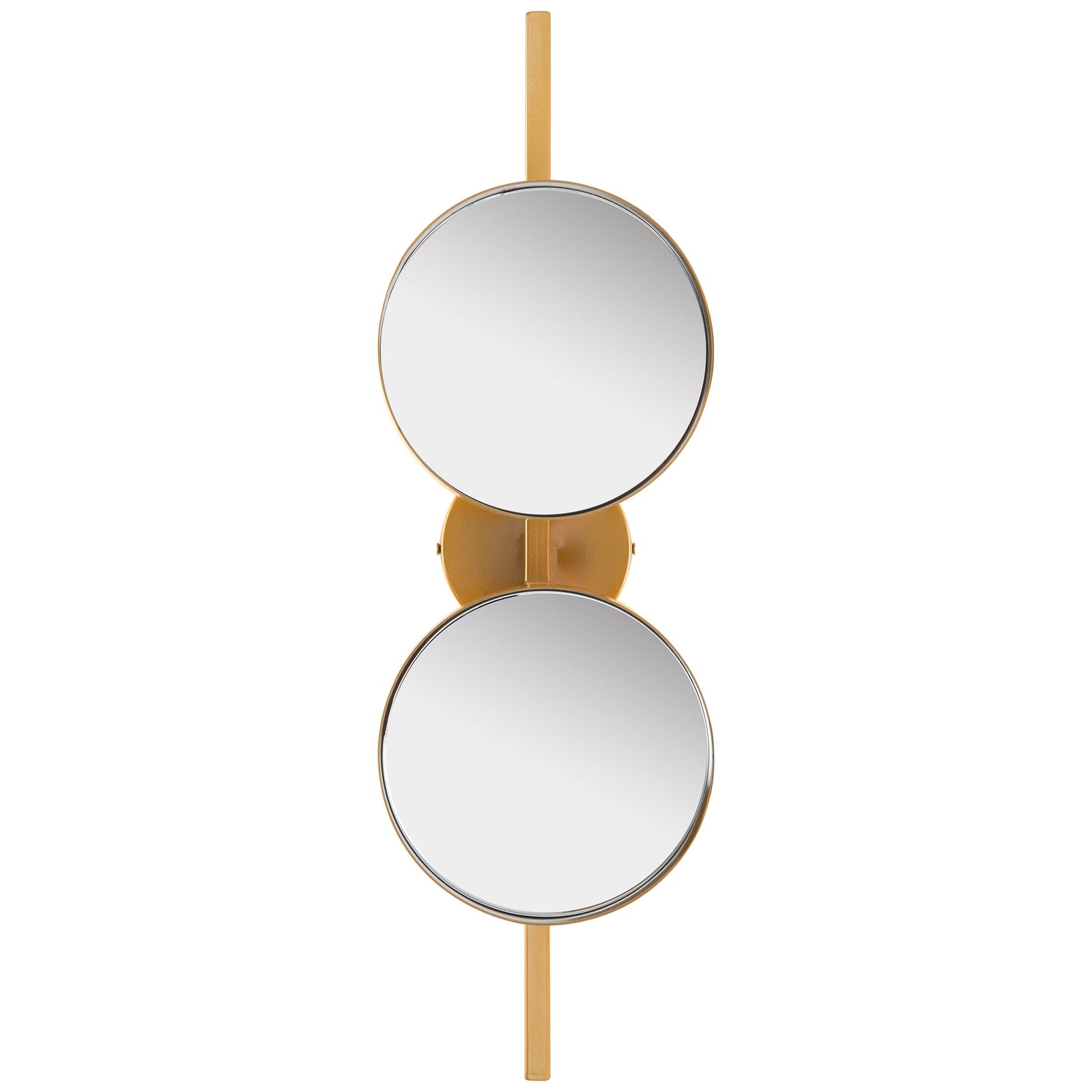 A pair of round mirrors frames a gold center mount on a sleek vertical bar. || MRR3073A || front_studio