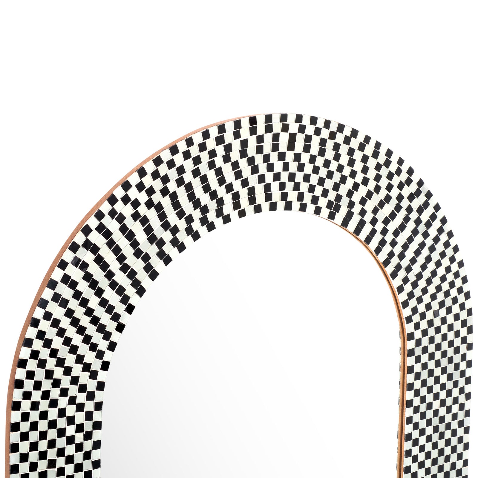 Tiny black and white mosaic tiles trace the mirror's curved arch. || MRR4000A || detail_studio