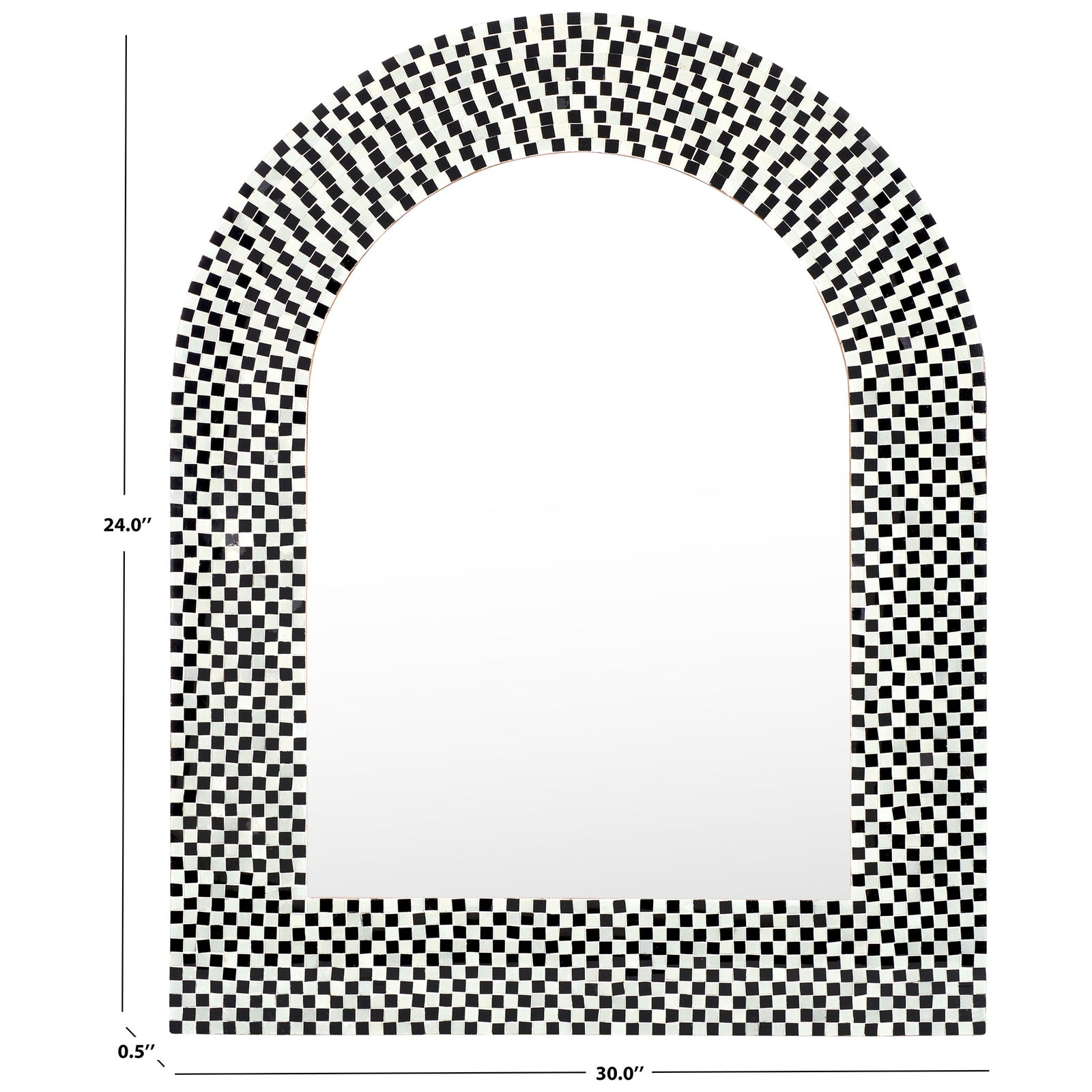 Slim arched wall mirror with a black and white mosaic border. || MRR4000A || dimension_studio