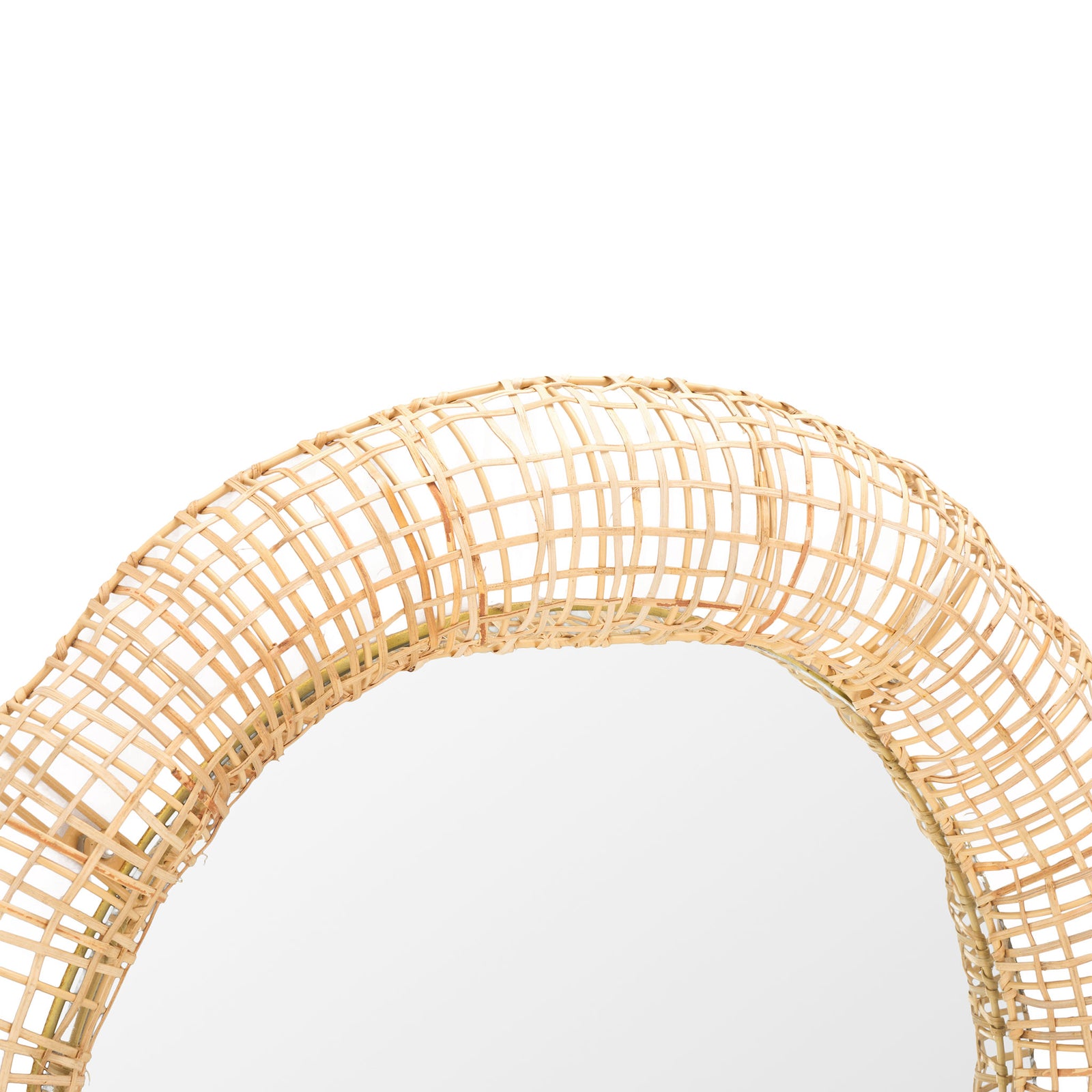 Woven natural cane forms a delicate open lattice around the mirror's rounded rim || MRR4001A || detail_studio