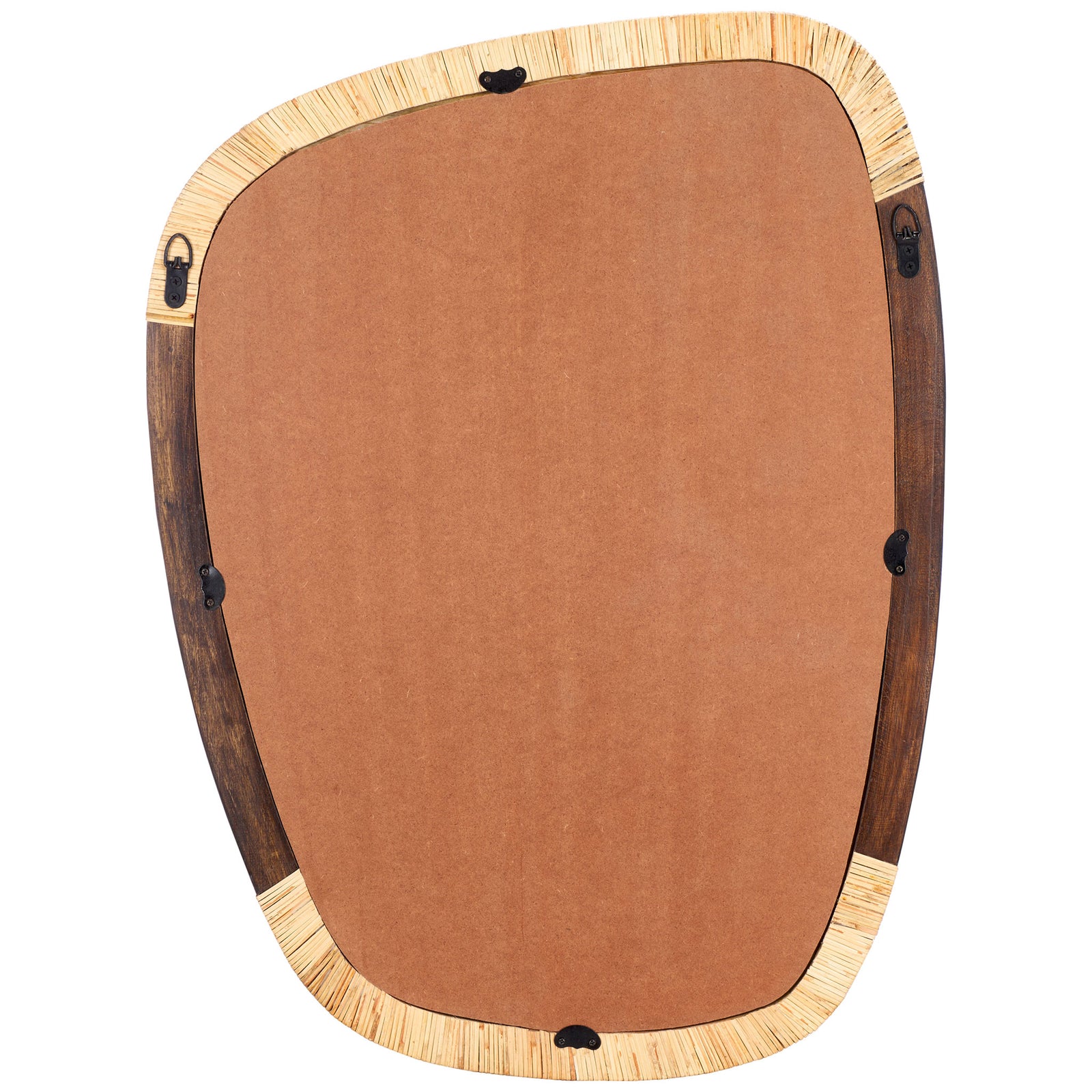 Asymmetric mirror with a brown backing, dark wood sides, and hanging hardware || MRR4002A || back_studio