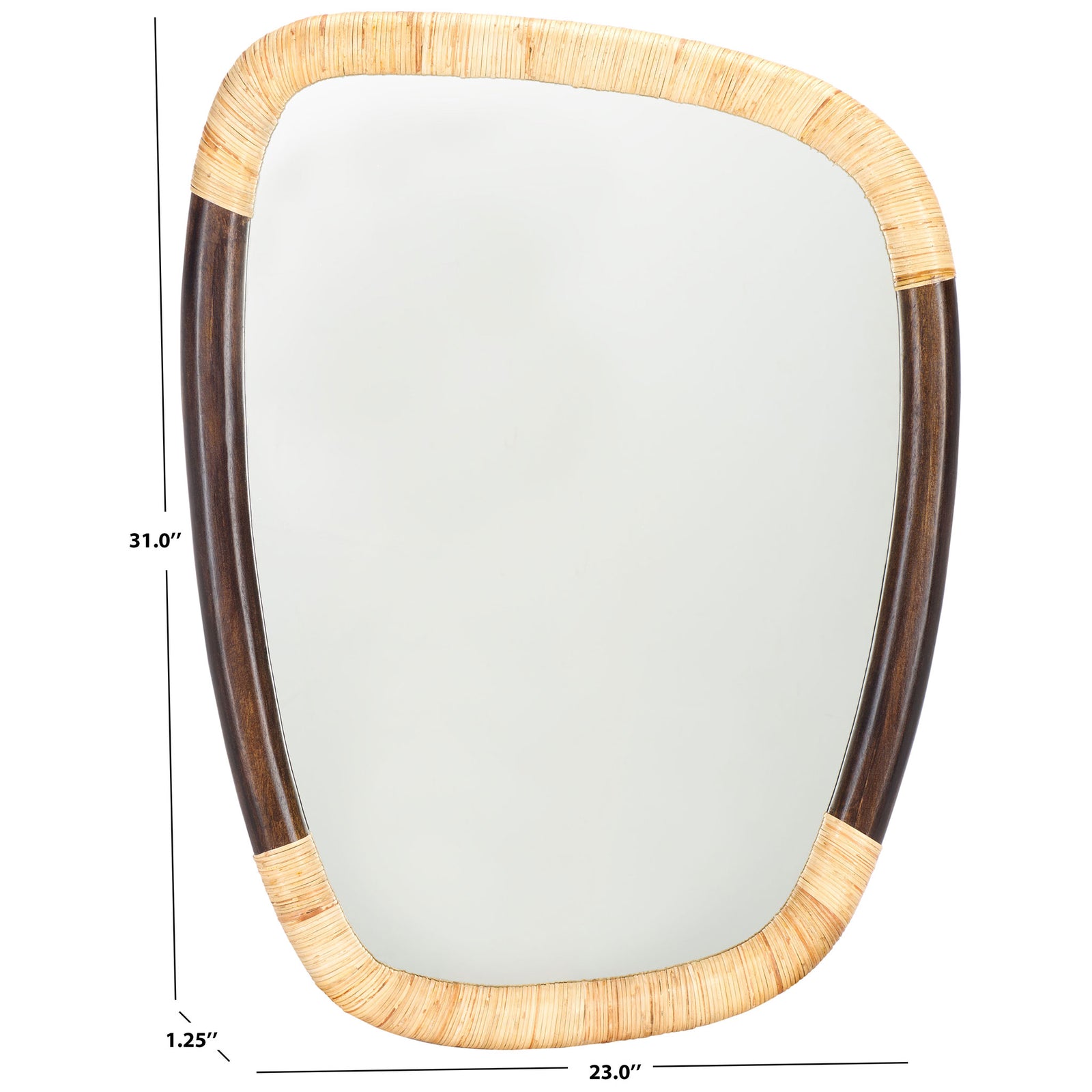 Curved cane-and-wood mirror measures 23 inches wide, 31 inches tall, and 1.25 inches deep || MRR4002A || dimension_studio