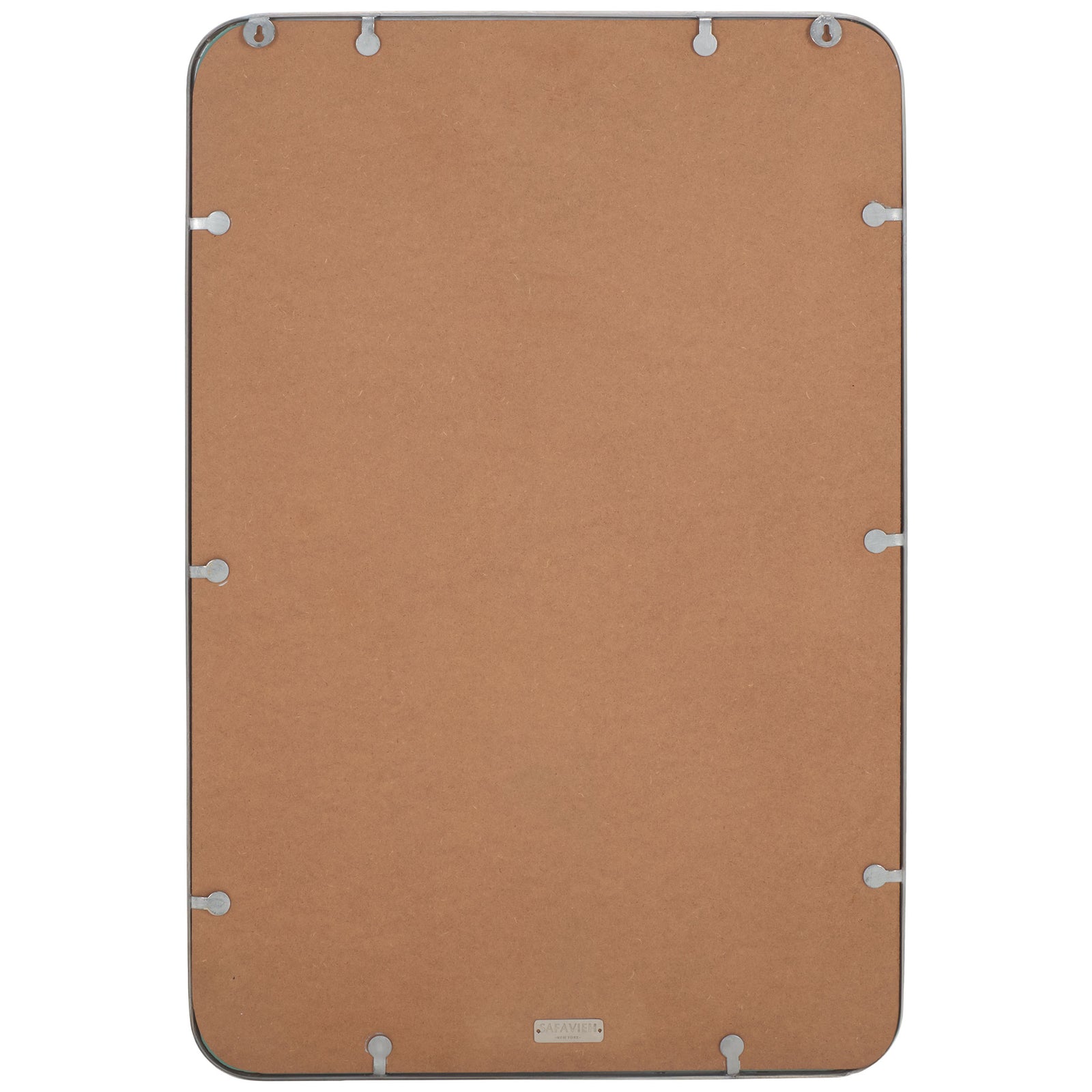 Brown backing with keyhole slots supports wall mounting for this rounded rectangular mirror || MRR4006A || back_studio