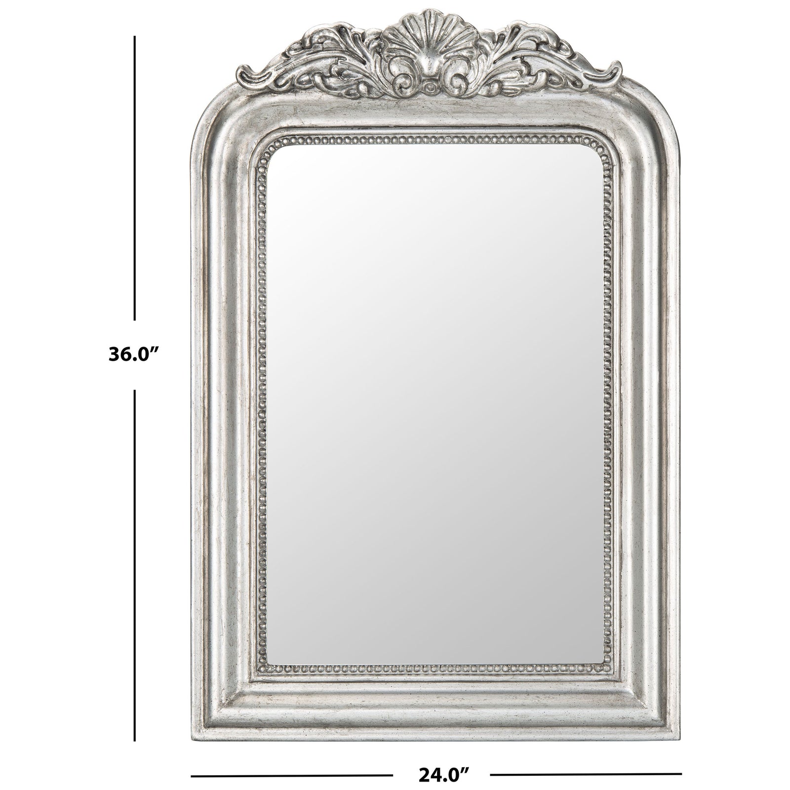 Ornate antique silver mirror measures 24 inches wide by 36 inches tall || MRR5000B || dimension_studio