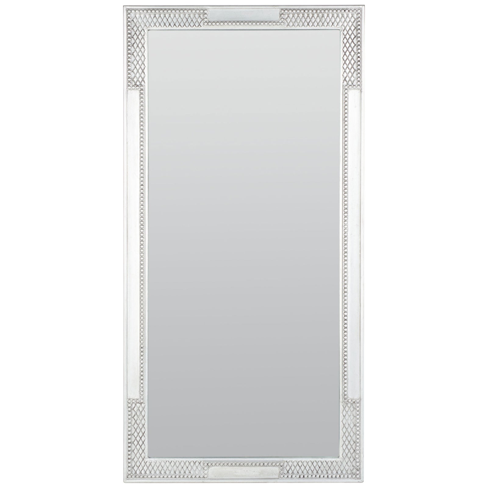 Tall rectangular mirror with an antique silver frame, diamond detailing, and beaded trim || MRR5002B || front_studio