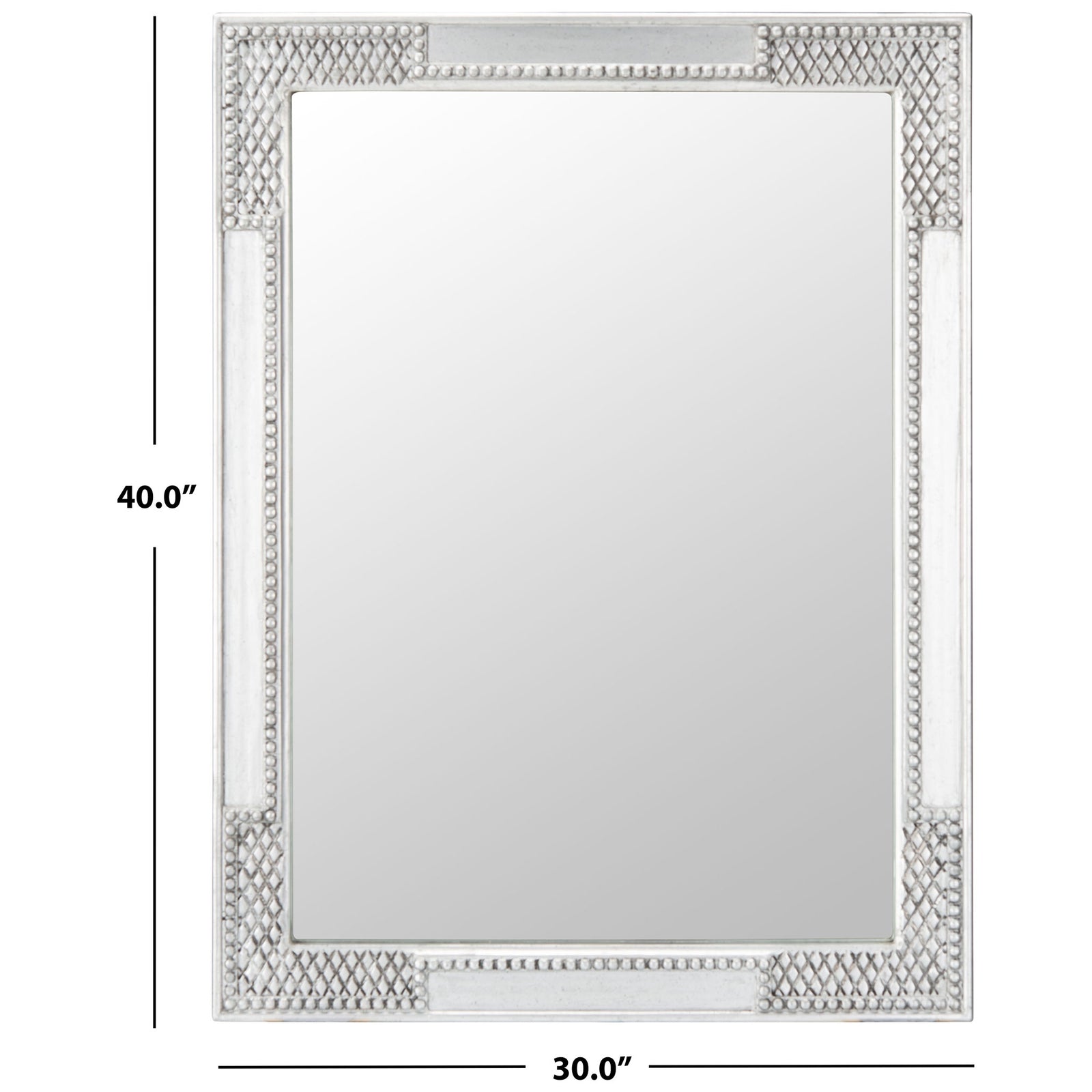 Ornate silver mirror with lattice-patterned corners, measuring 30 by 40 inches || MRR5003B || dimension_studio