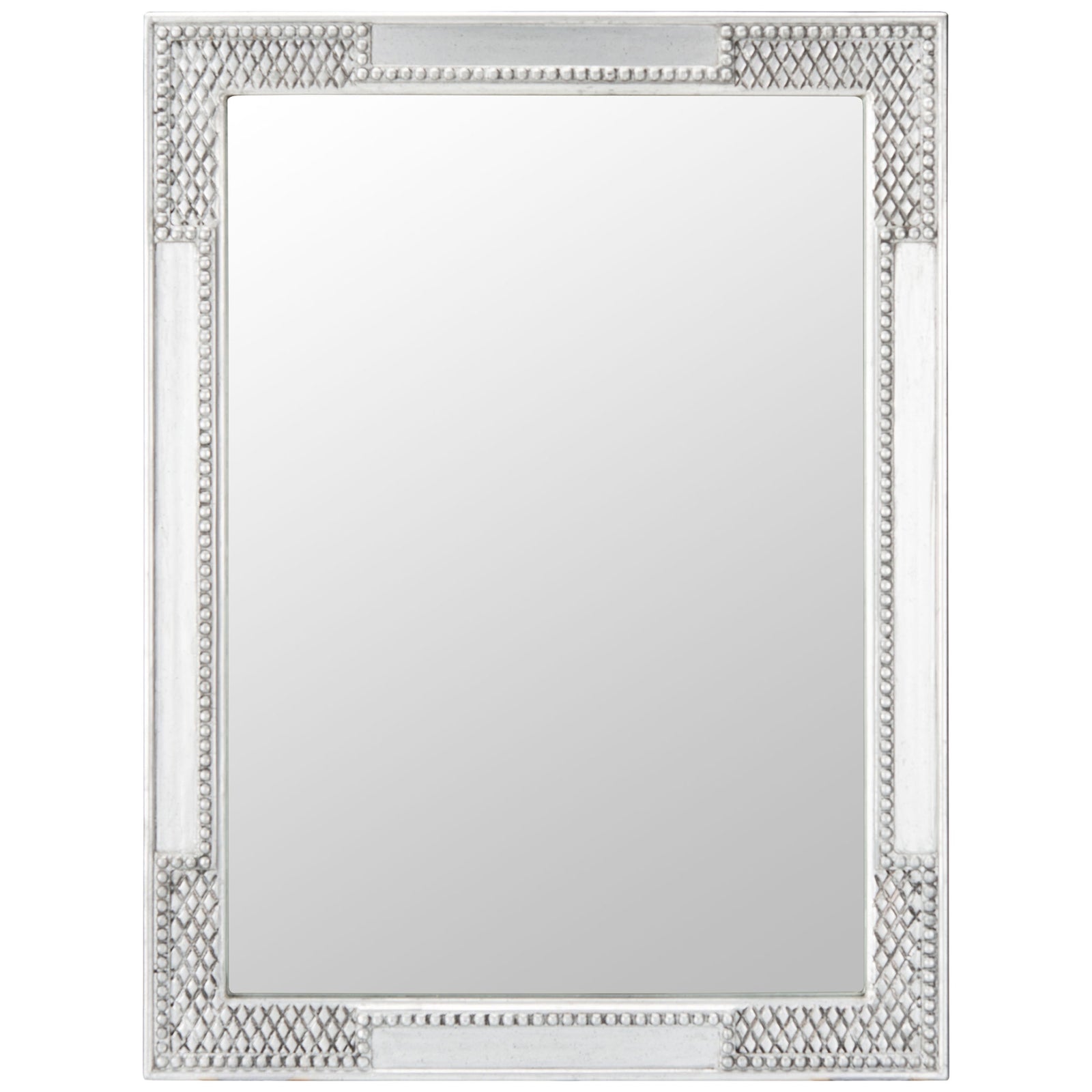 Rectangular mirror with an antique silver frame, diamond-patterned corners, and beaded borders || MRR5003B || front_studio