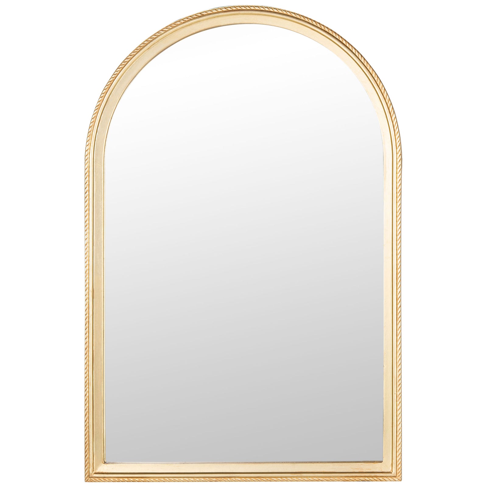 An arched wall mirror pairs a slim antique gold frame with textured edges || MRR5004A || front_studio