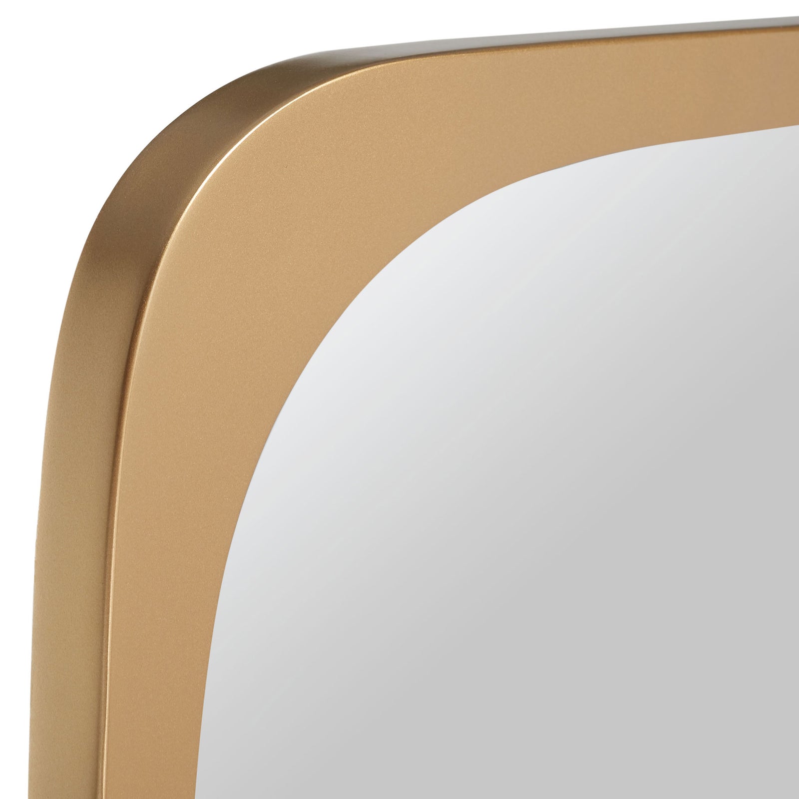 A smooth gold metal frame curves around the mirror's rounded corner || MRR8001A || detail_studio