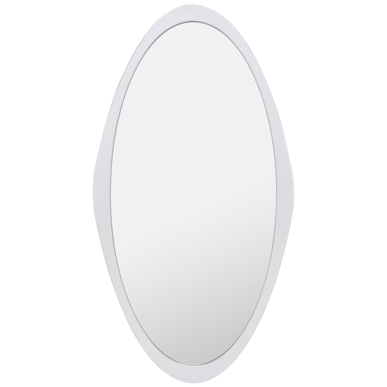 A sleek silver frame outlines the tall oval mirror and its generous reflective surface. || MRR8002A || front_studio
