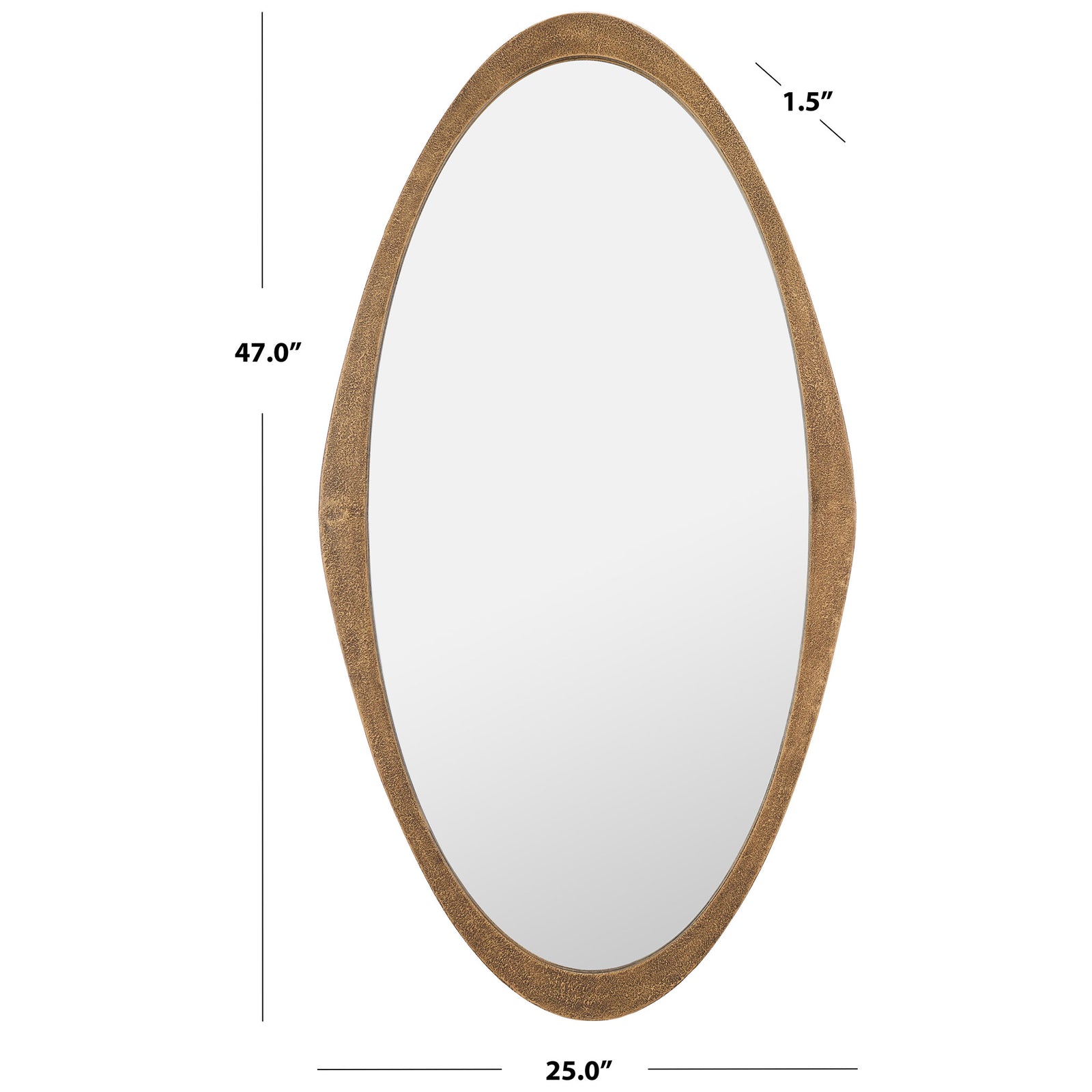 The oval brass mirror measures 25 inches wide, 47 inches tall and 1.5 inches deep. || MRR8002B || dimension_studio