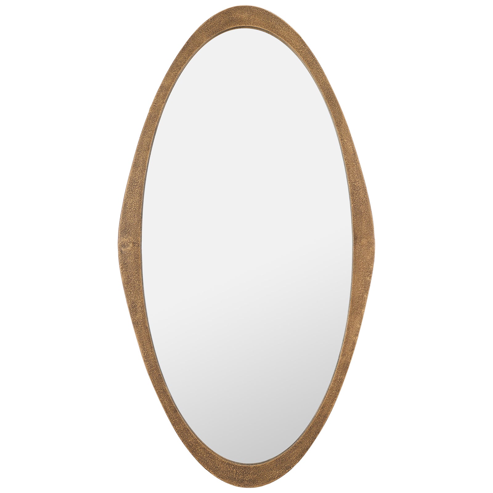 An elongated oval mirror is outlined by a richly textured brass metal frame. || MRR8002B || front_studio