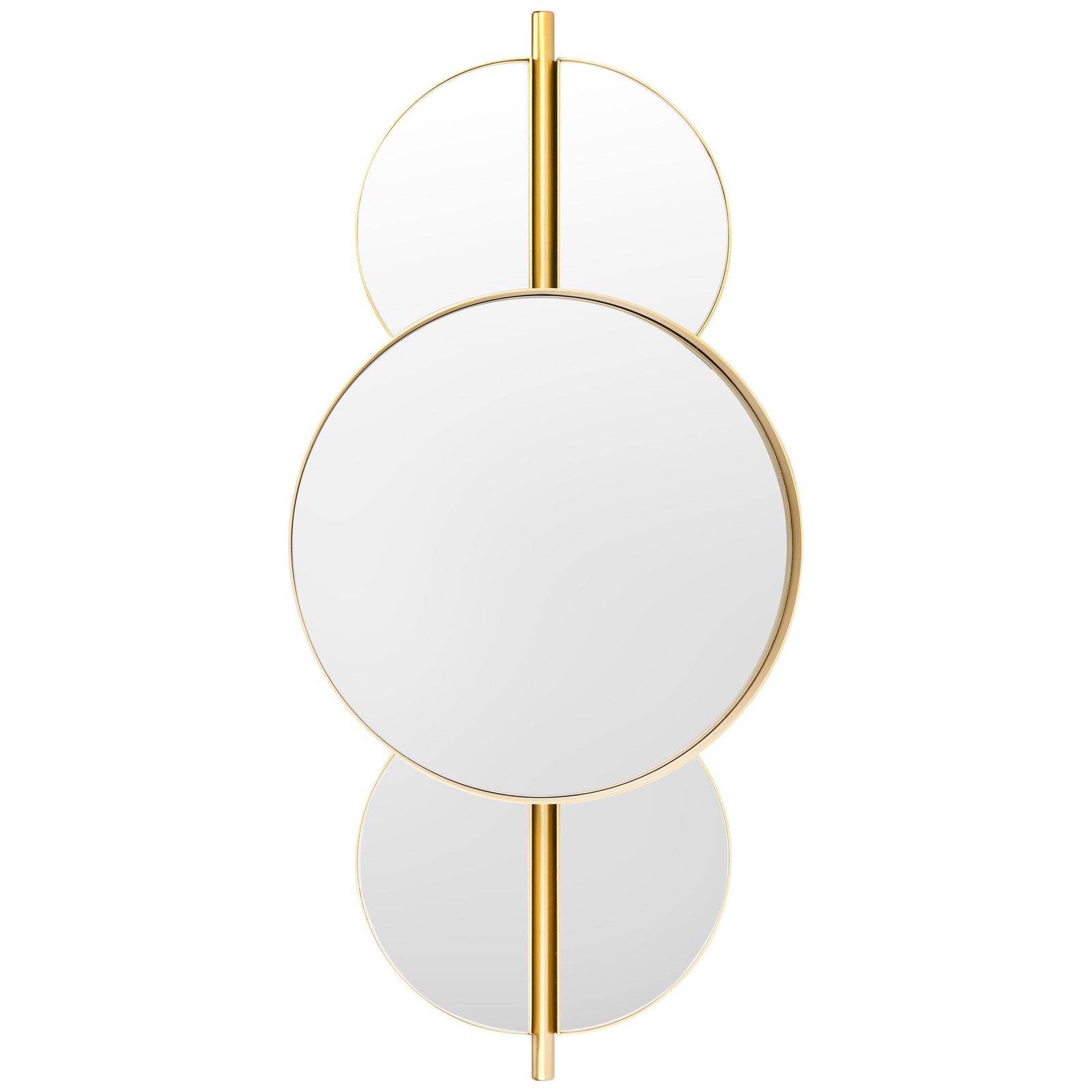 A large round mirror is framed by smaller white circles and a narrow gold-tone vertical rod || MRR8003B || front_studio