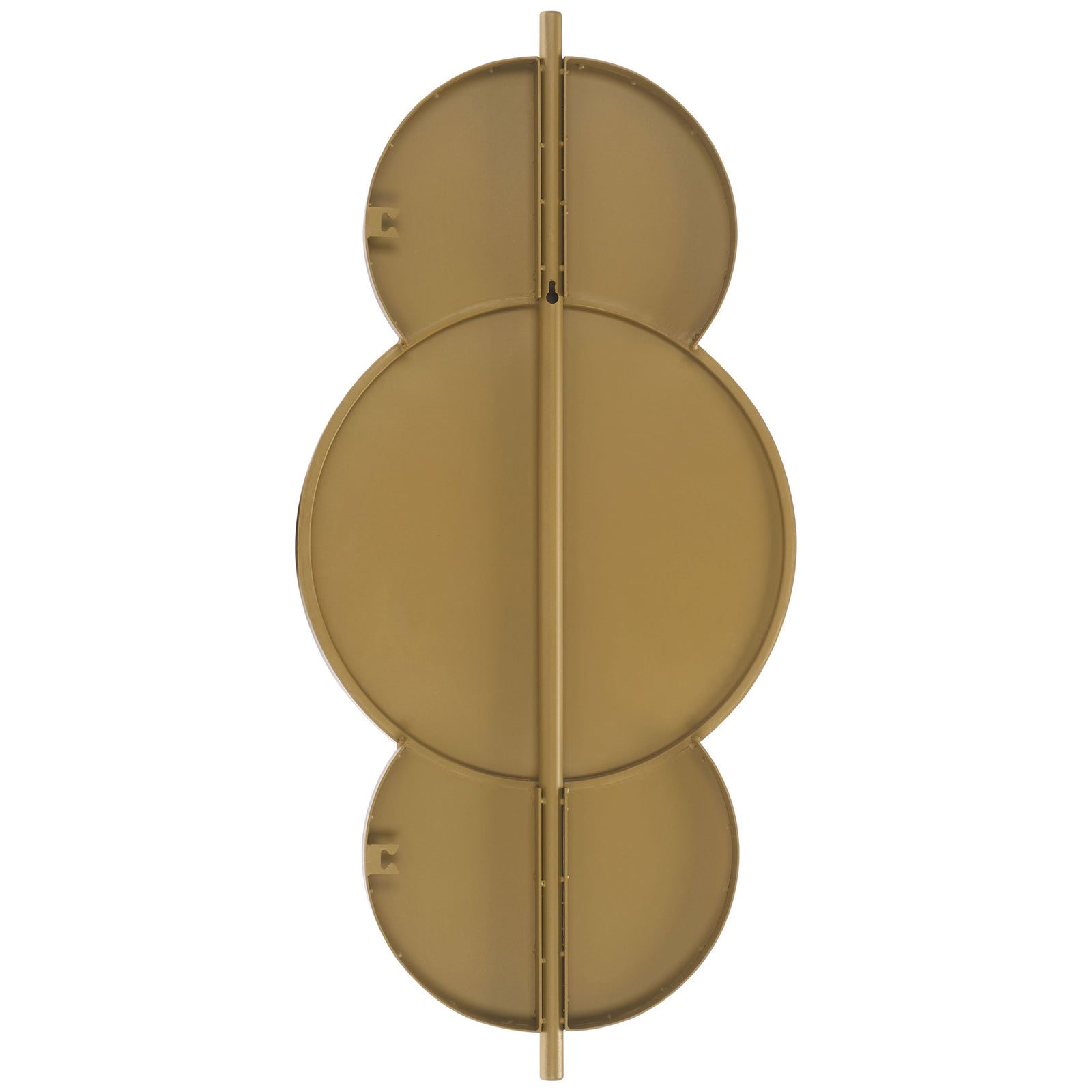 Three gold-finished circular backing panels align along a slim metal support behind this wall mirror || MRR8003C || back_studio