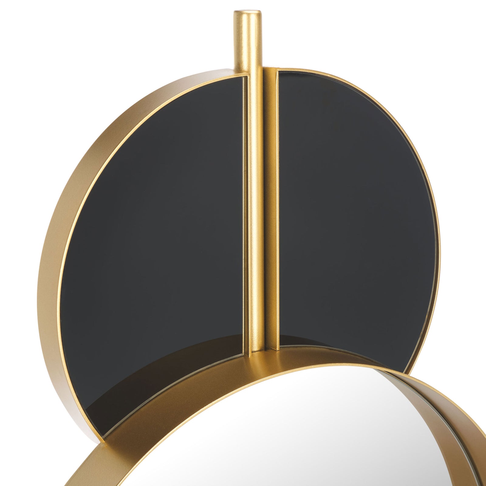 Gold-tone edging outlines a black circular accent above the mirror's reflective glass || MRR8003C || detail_studio
