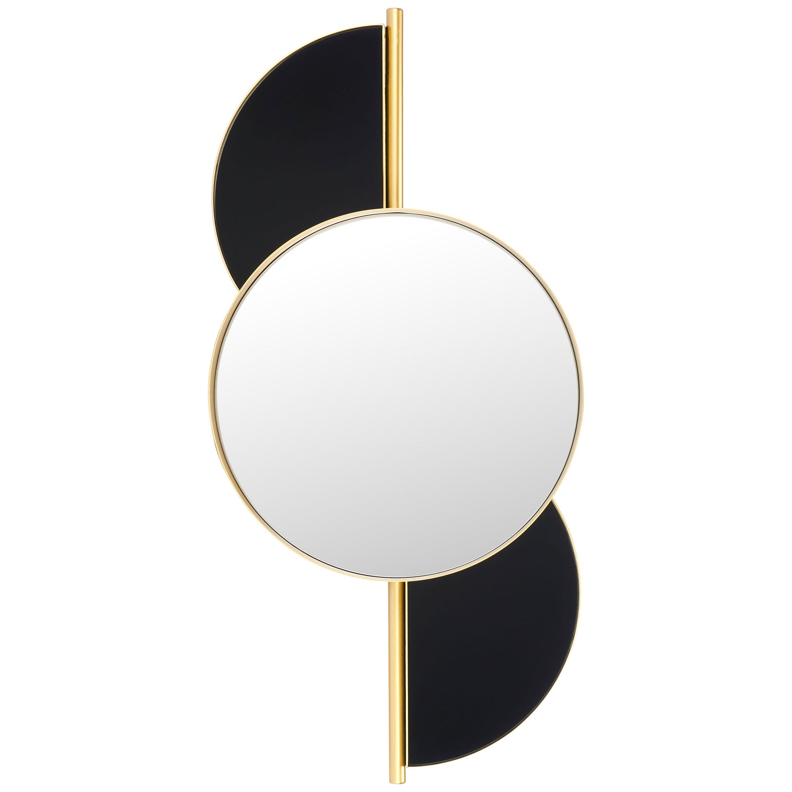 A round mirror framed in gold sits between offset black semicircular panels || MRR8004A || front_studio