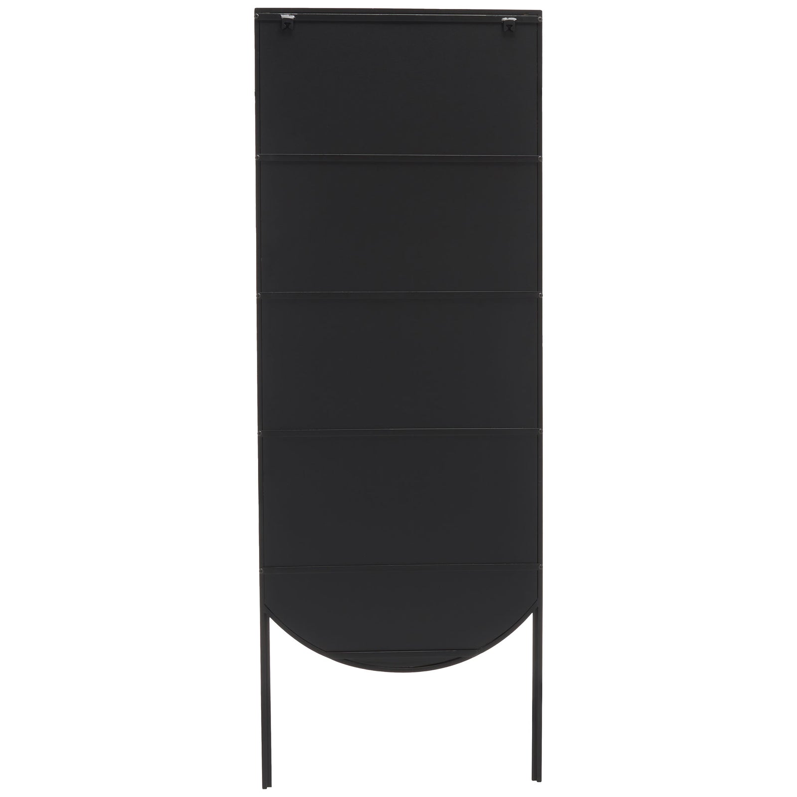 Tall black iron mirror with a paneled back, curved lower edge, and slender legs || MRR8005A || back_studio