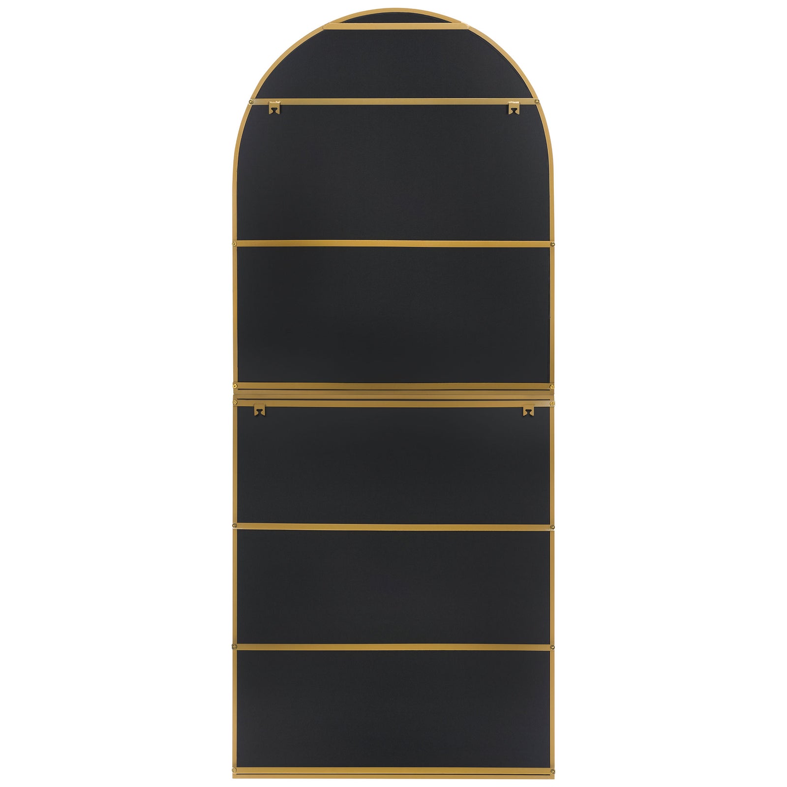 Arched gold mirror with black backing, gold crossbars, and mounting hooks || MRR8006A || back_studio