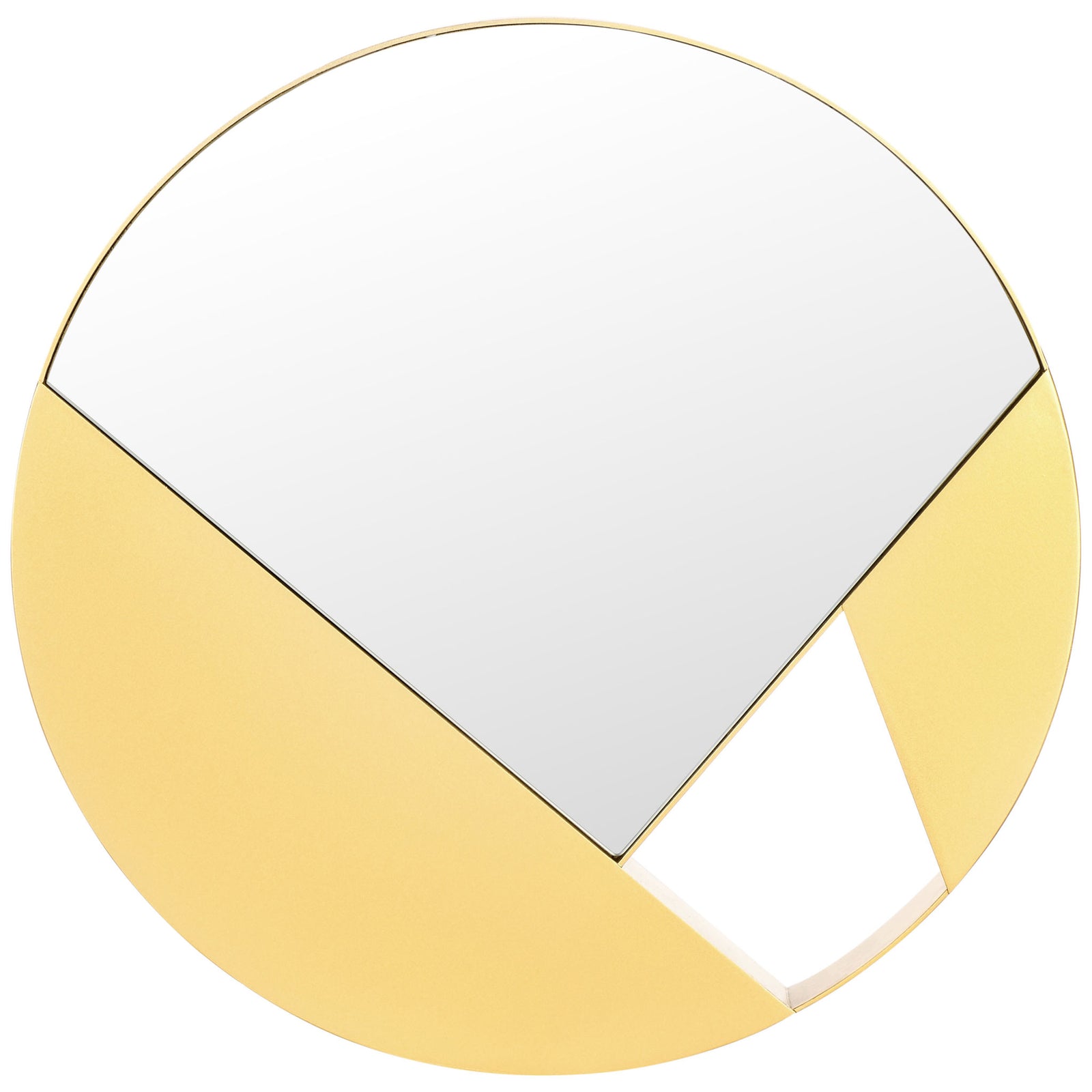 Round gold iron mirror with angular reflective glass and a sculptural cutout || MRR8007A || front_studio