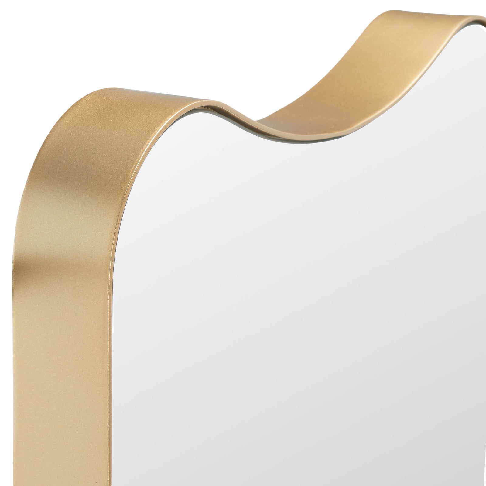 A warm gold metal frame sweeps into a gentle curve beside the mirror glass || MRR8008A || detail_studio