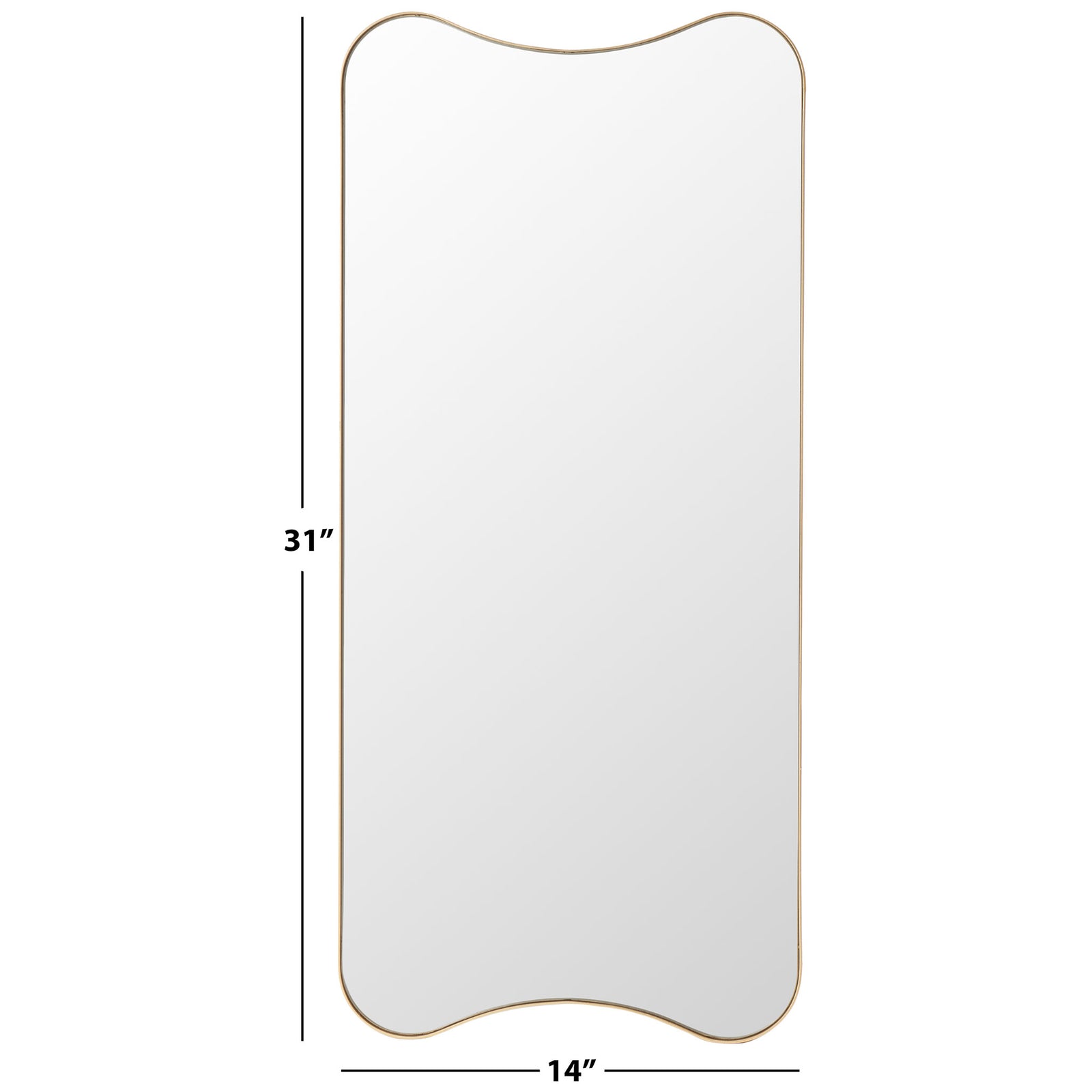 This gold-framed mirror measures 31 inches tall by 14 inches wide, with gently curved edges || MRR8008A || dimension_studio