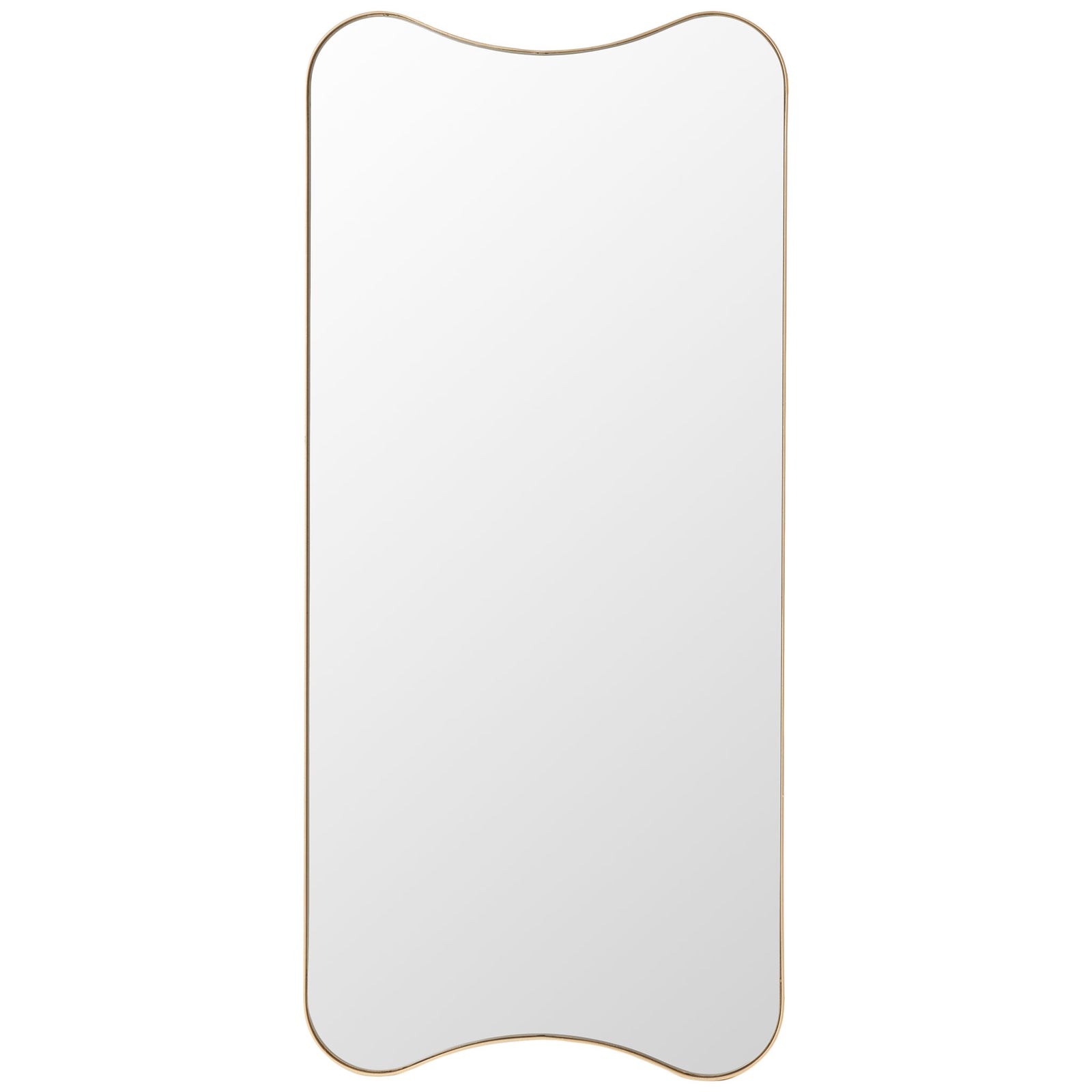 A slim gold frame surrounds the tall mirror, with softly curved top and bottom edges || MRR8008A || front_studio