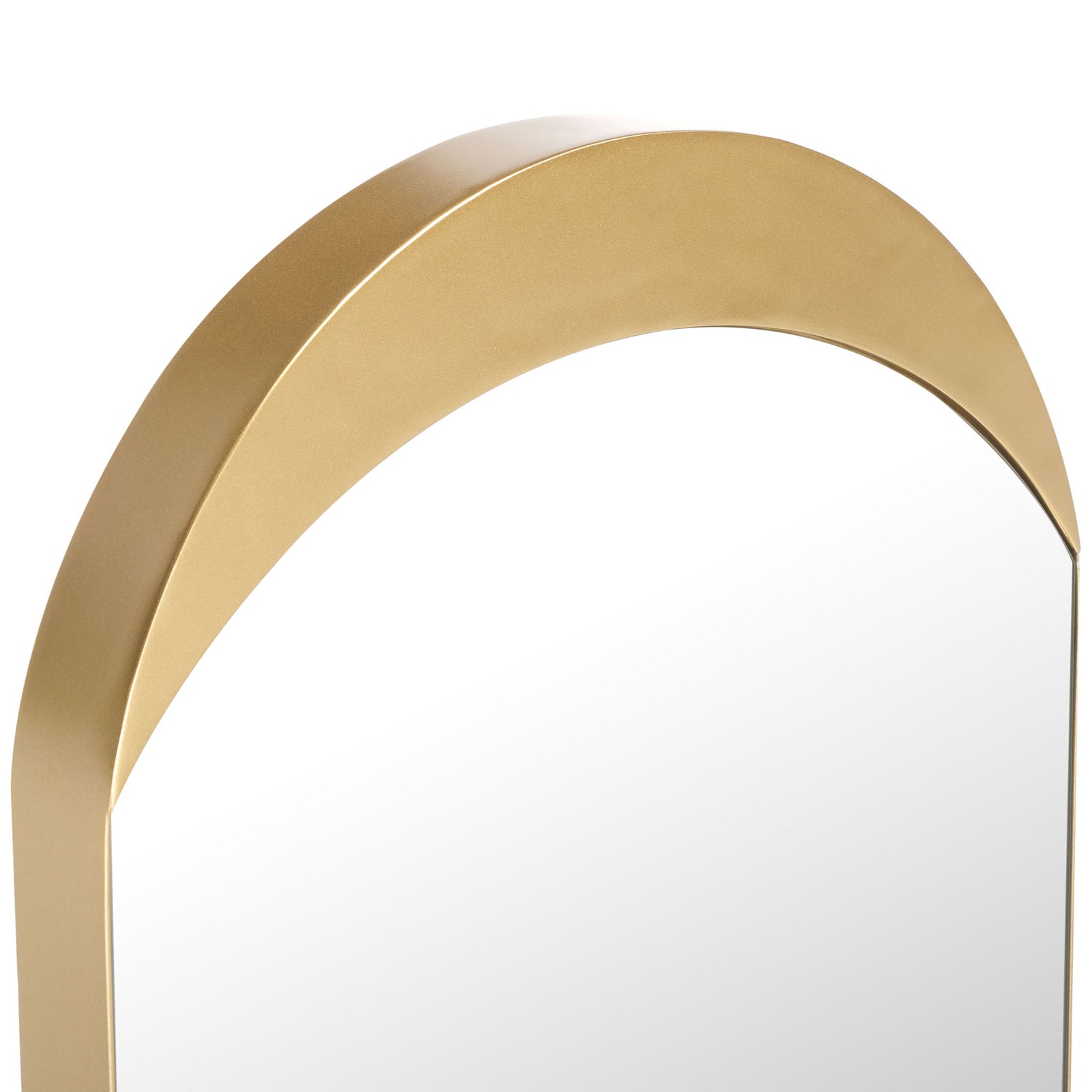 A broad gold arch curves above the reflective glass, lending the mirror a sculptural finish. || MRR8010A || detail_studio
