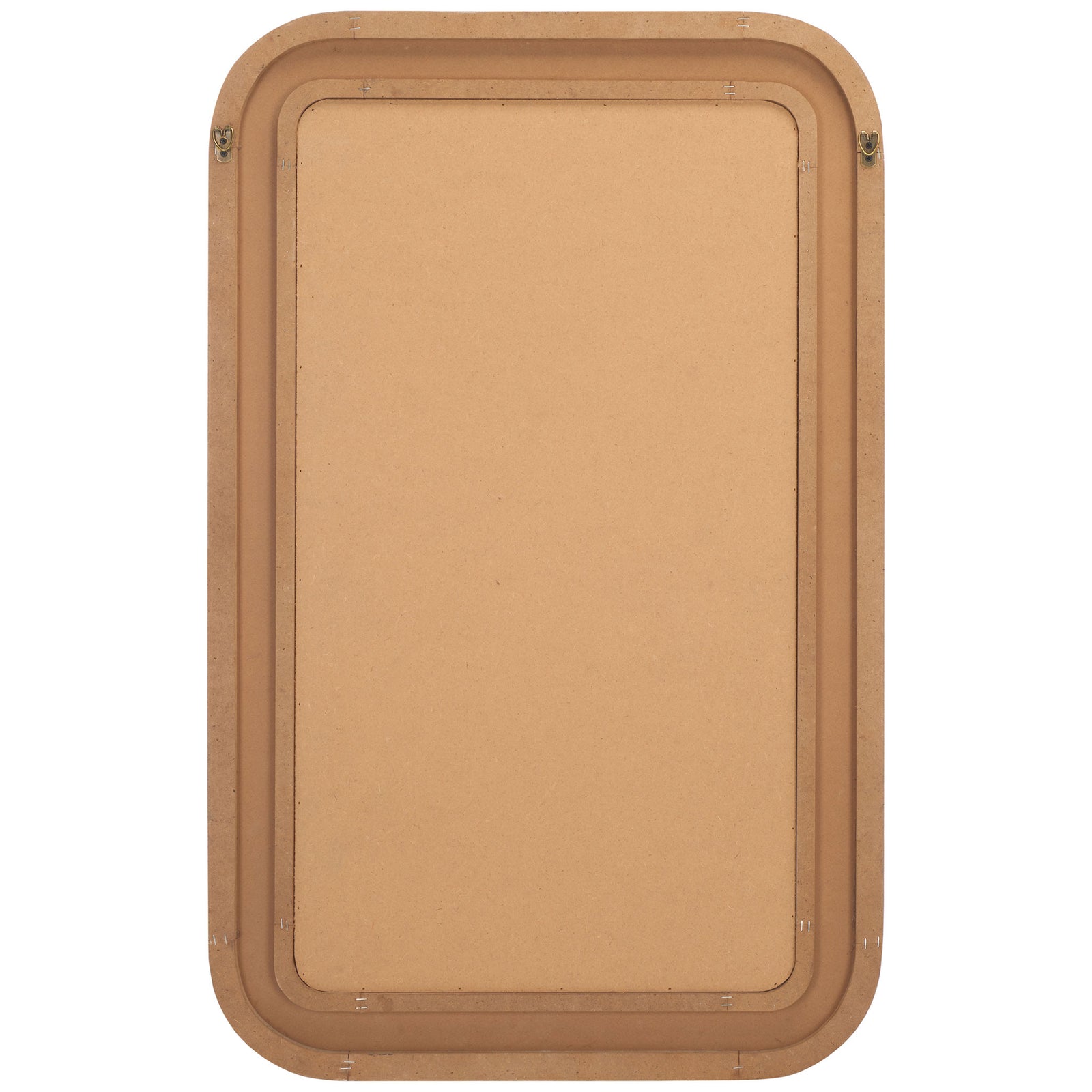 A rounded natural-finish mirror has a solid back panel and metal mounting hardware || MRR9000A || back_studio