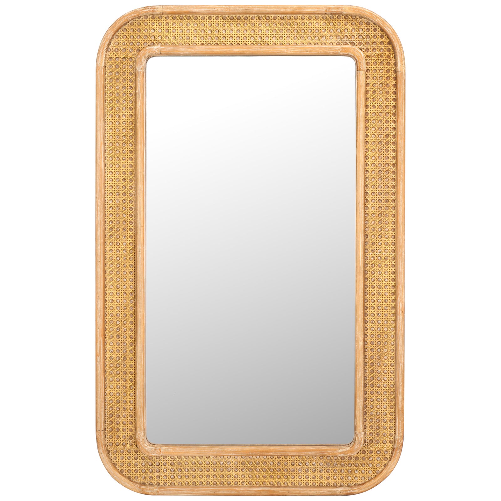 A natural wood-framed mirror features rounded corners and an airy cane-weave inset || MRR9000A || front_studio