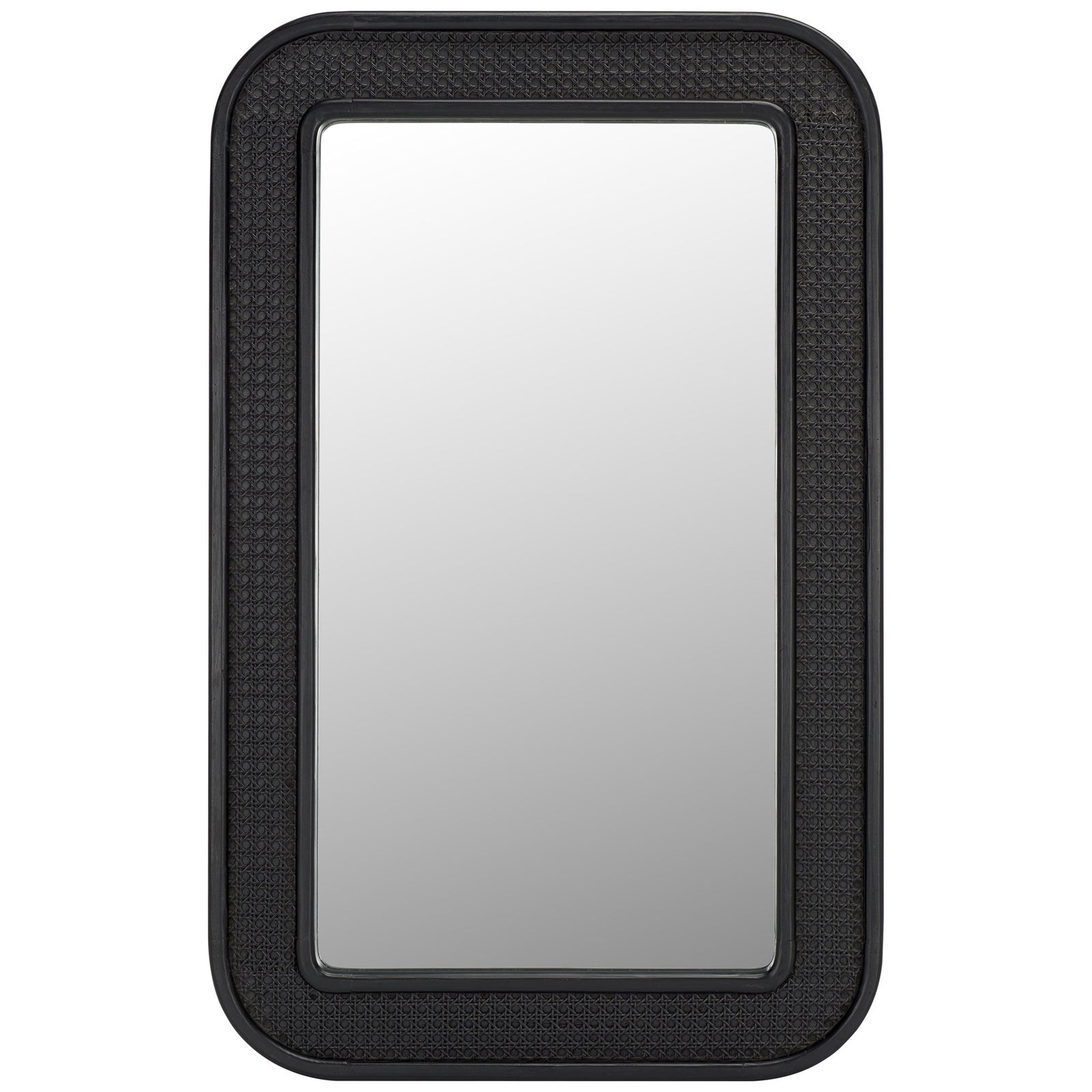 A black wood-framed mirror pairs rounded corners with a textured lattice inset || MRR9000B || front_studio