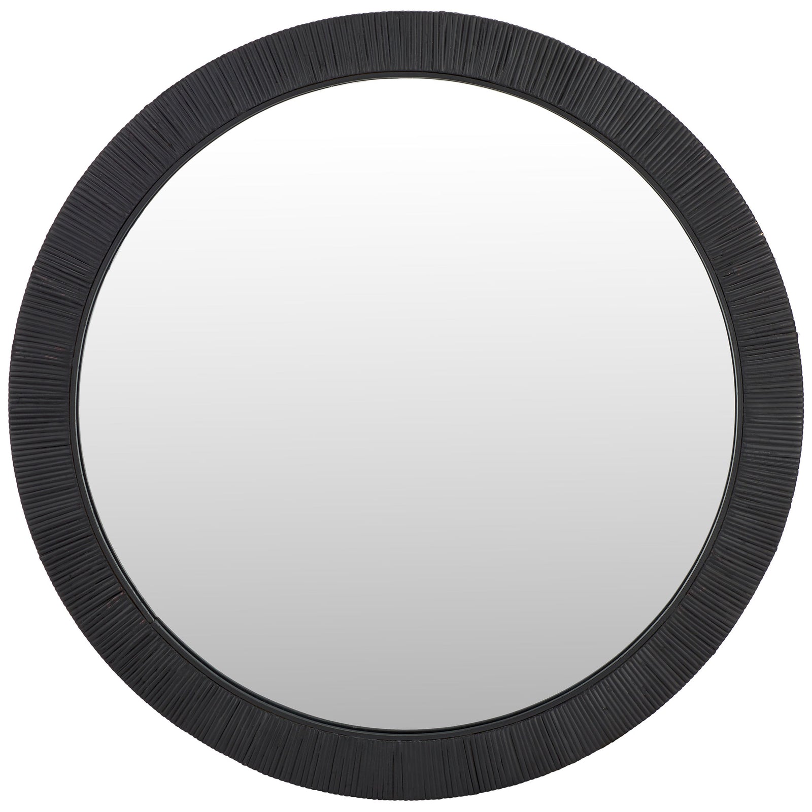 A round mirror with a finely ribbed black frame creates a versatile wall accent. || MRR9002A || front_studio