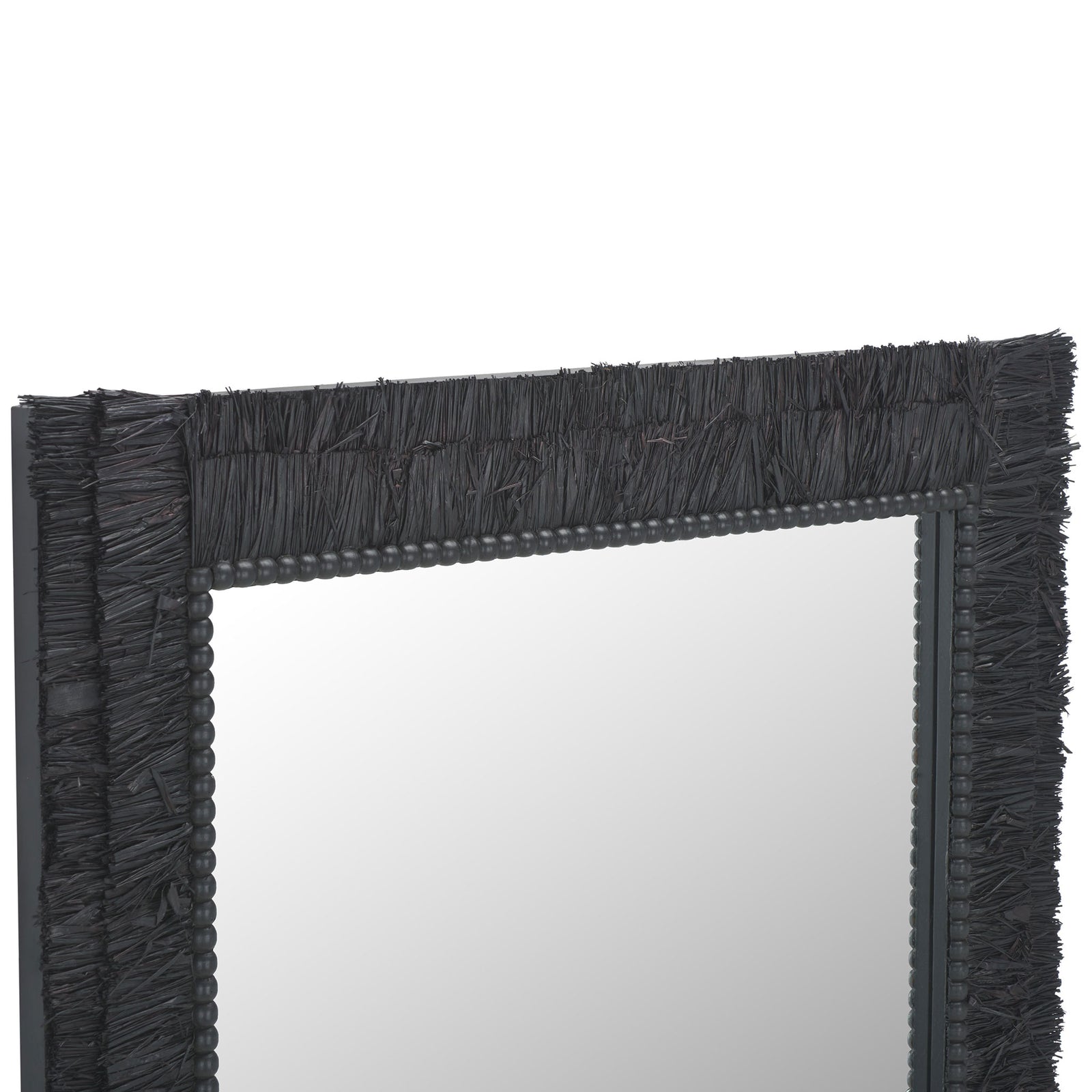 Textured black strands fringe the outer frame, while dark beads border the mirror glass. || MRR9003B || detail_studio
