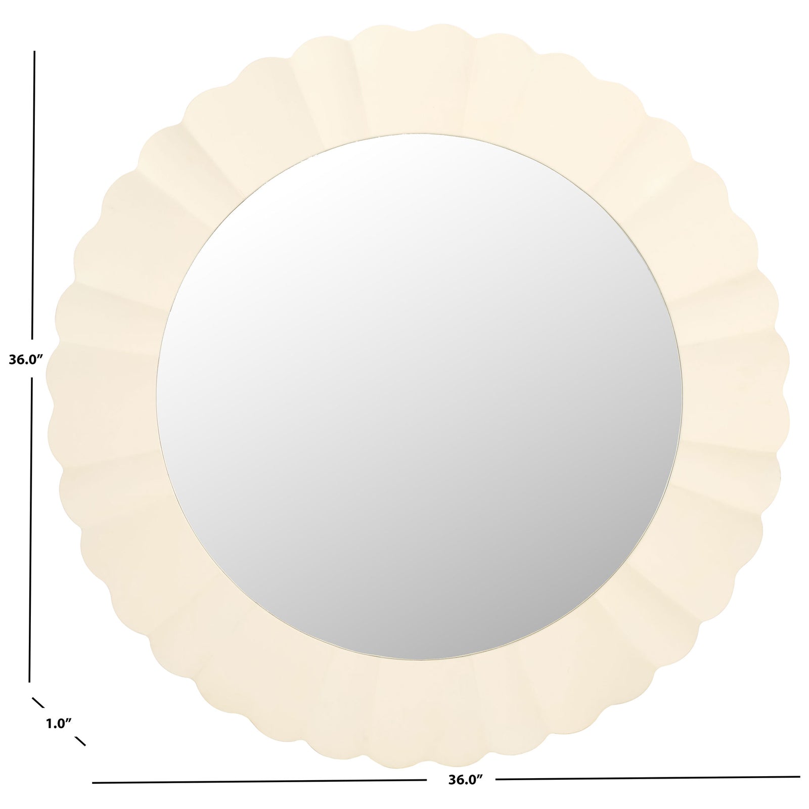 The white scalloped mirror measures 36 inches in diameter and 1 inch deep. || MRR9004A || dimension_studio