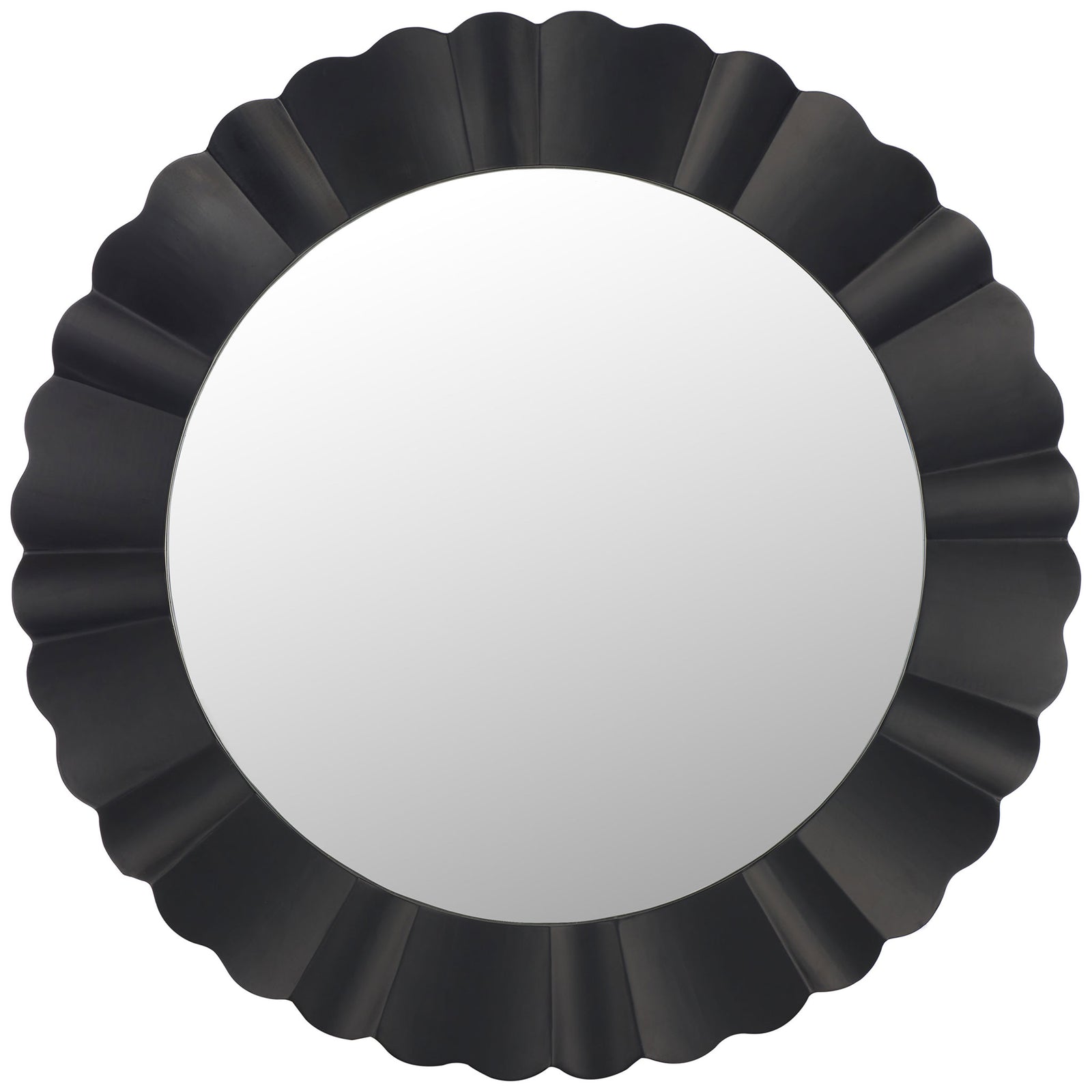 A round mirror is framed by sculpted black wood with bold, scalloped fluting. || MRR9004B || front_studio