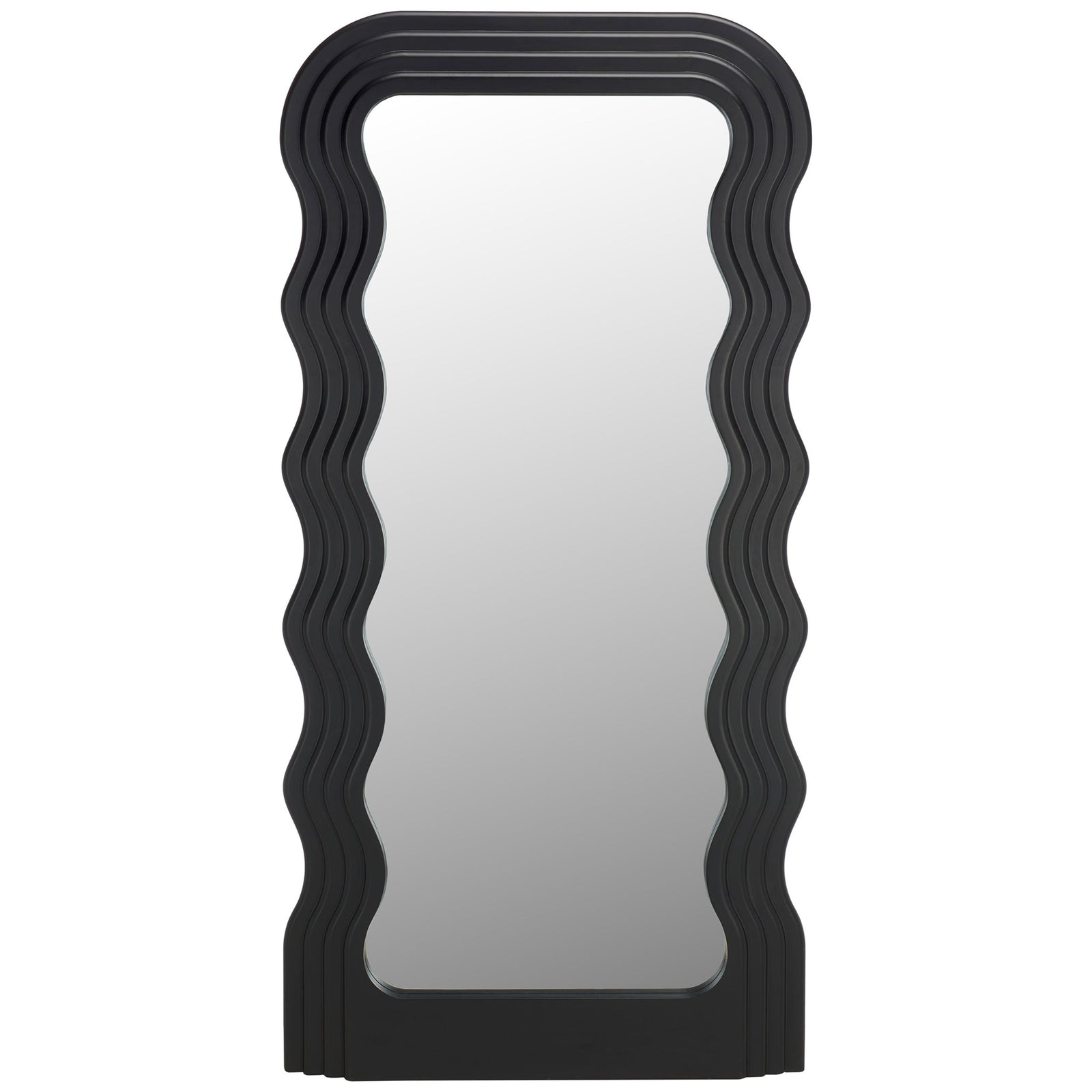 Tall black mirror features a sculpted, rippling frame and softly rounded top || MRR9006A || front_studio