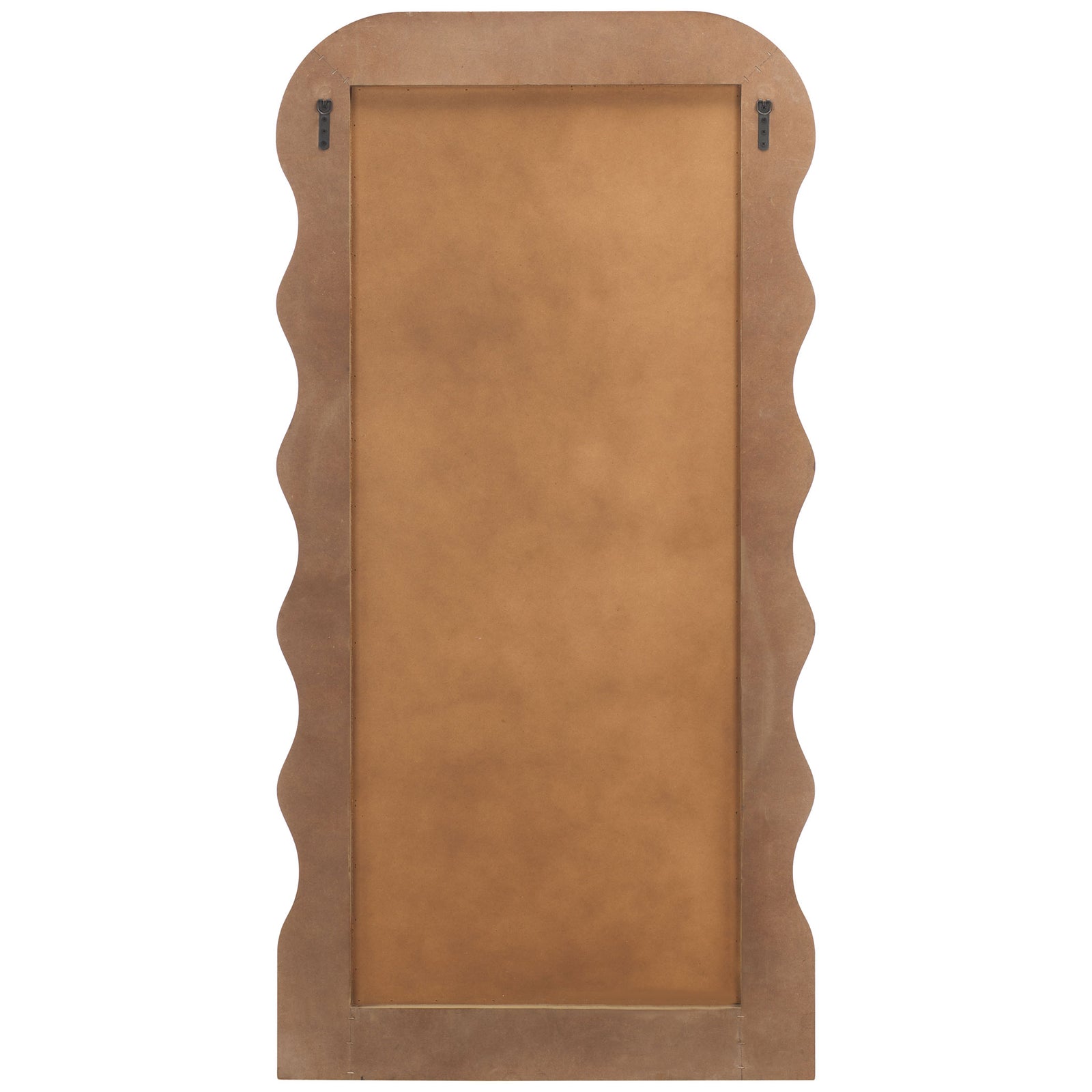A natural brown backing panel and two hanging brackets support the white-framed mirror || MRR9006B || back_studio