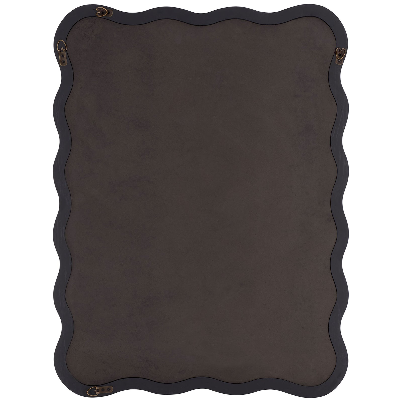 Wavy black frame surrounds a dark-backed mirror with D-ring wall-mount hardware || MRR9007B || back_studio
