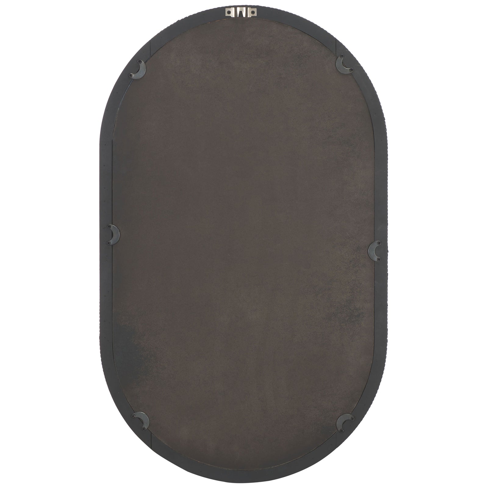 Dark backing and a top mounting bracket support this vertically hung oval mirror || MRR9008A || back_studio