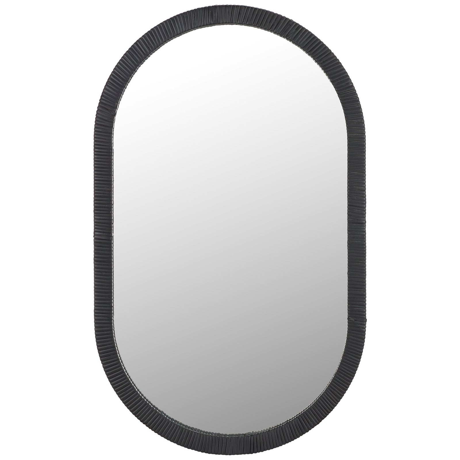 Ribbed black wood frame surrounds an elongated oval mirror for a textured accent || MRR9008A || front_studio