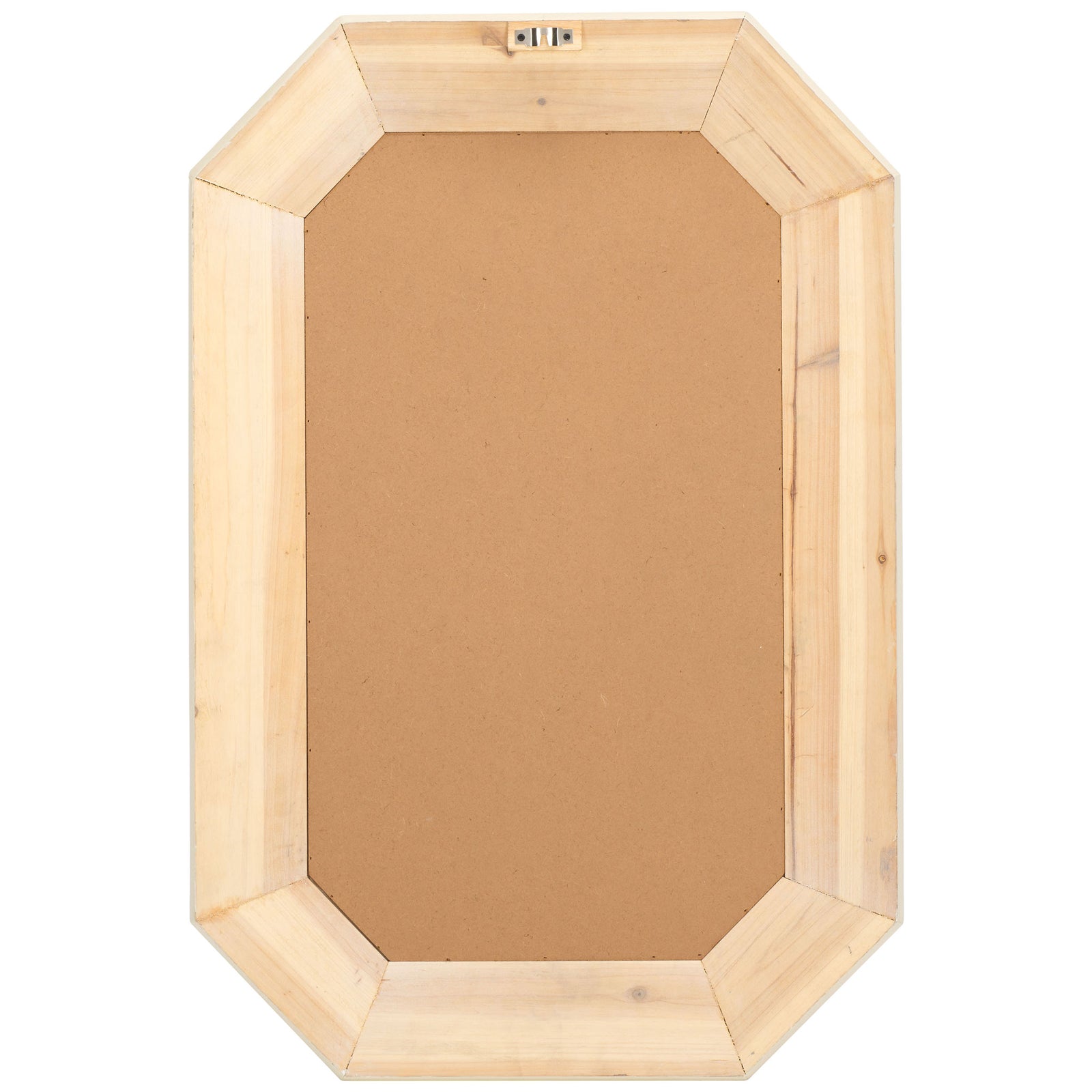 An octagonal natural wood support surrounds a brown panel with a top-mounted metal hanger. || MRR9009A || back_studio