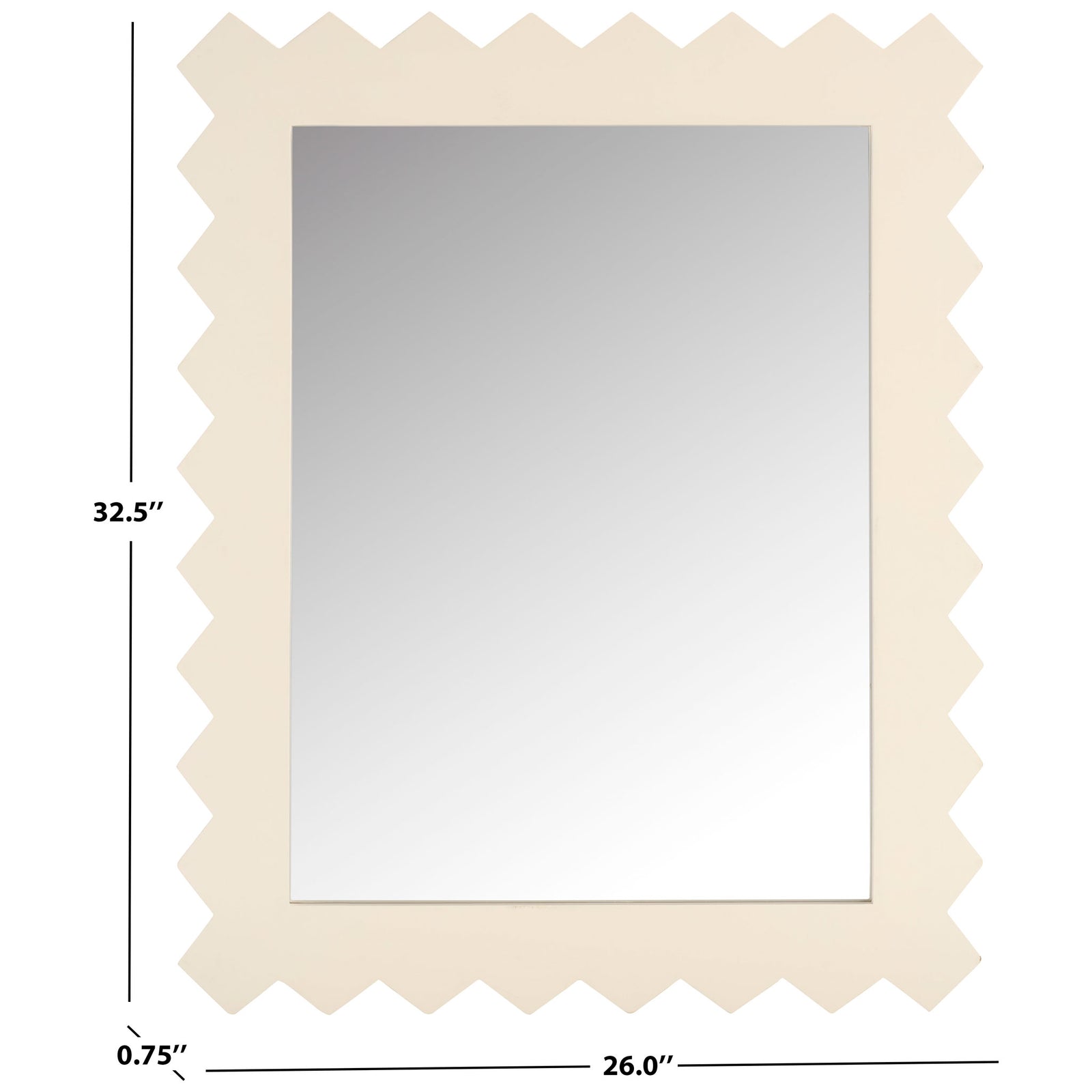 White zigzag-framed mirror measures 26 inches wide, 32.5 inches high, and 0.75 inch deep. || MRR9010B || dimension_studio
