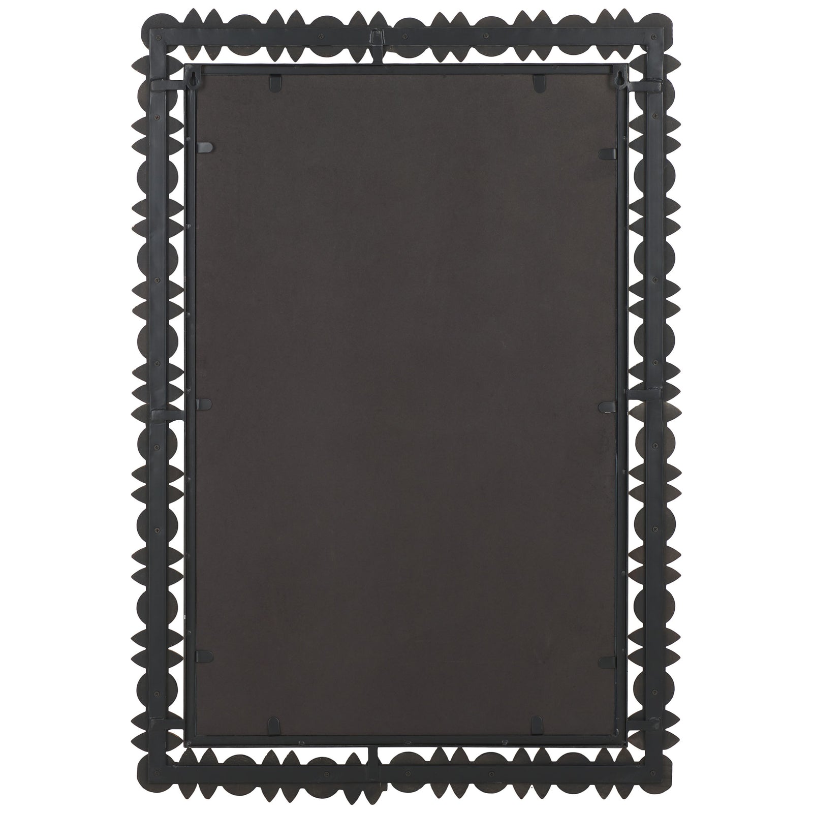 A solid backing supports a rectangular mirror with rhythmic, sculptural detailing around its frame. || MRR9011A || back_studio