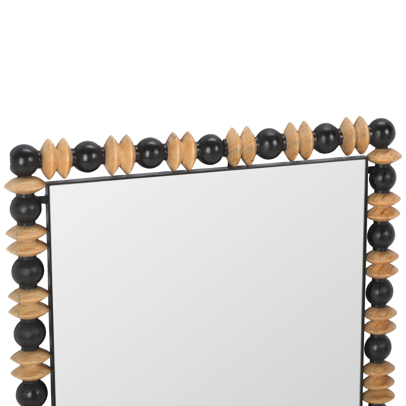 Glossy black beads and natural wood discs alternate along the mirror's slim black frame. || MRR9011A || detail_studio