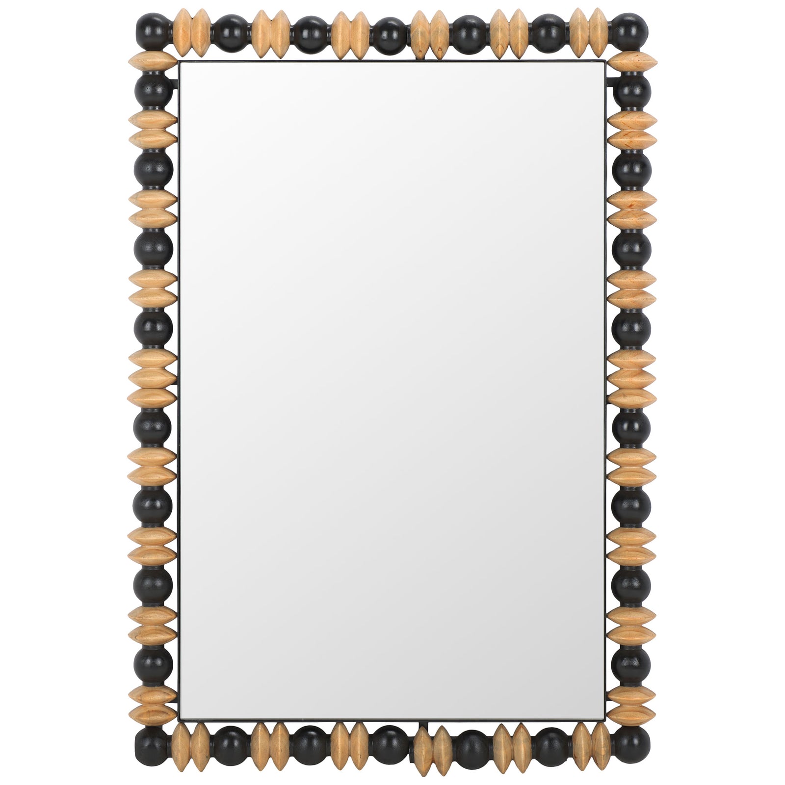 A rectangular mirror pairs smooth black beads with carved natural wood accents for a textured frame. || MRR9011A || front_studio