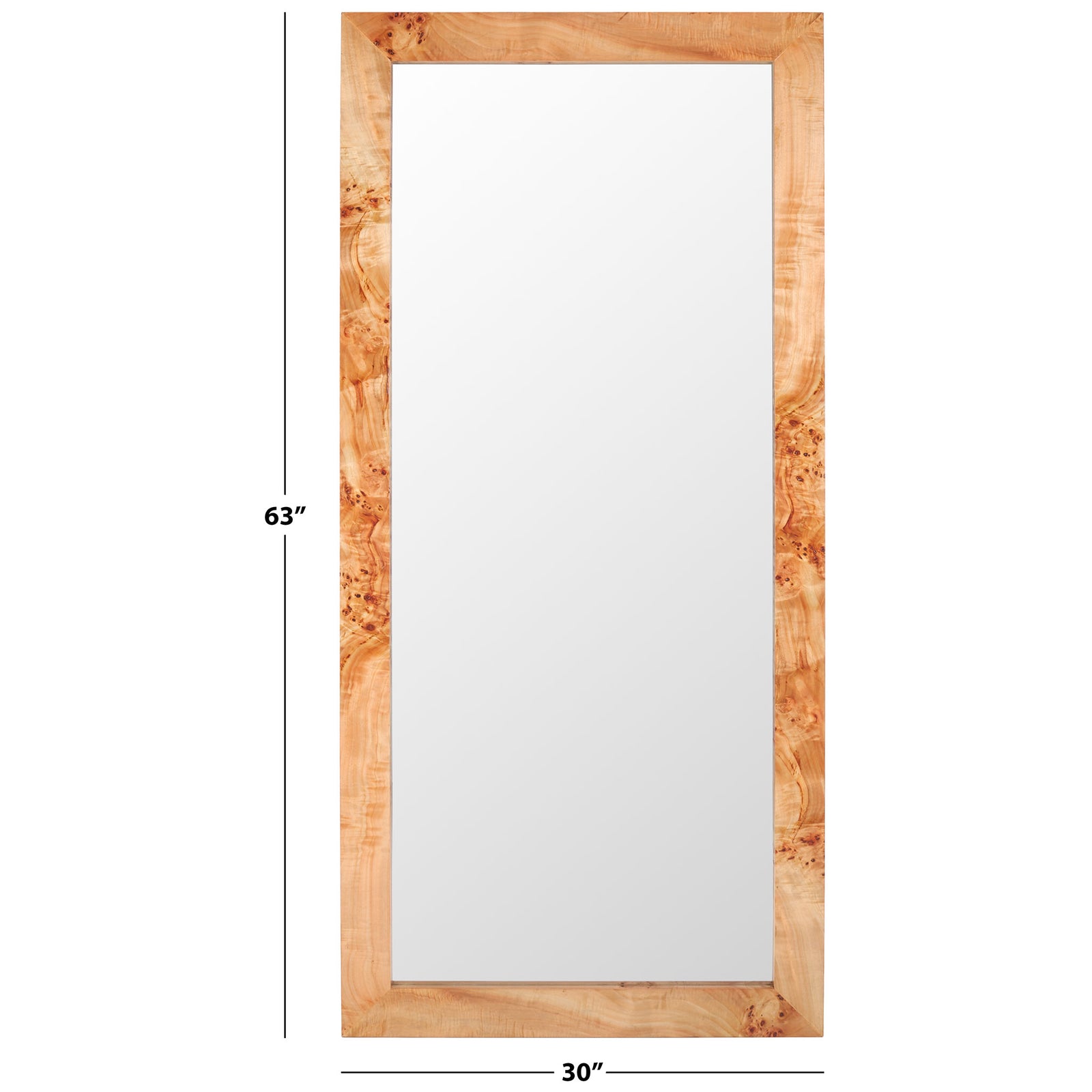 Tall wood-framed mirror spans 30 inches wide and 63 inches high. || MRR9014A || dimension_studio