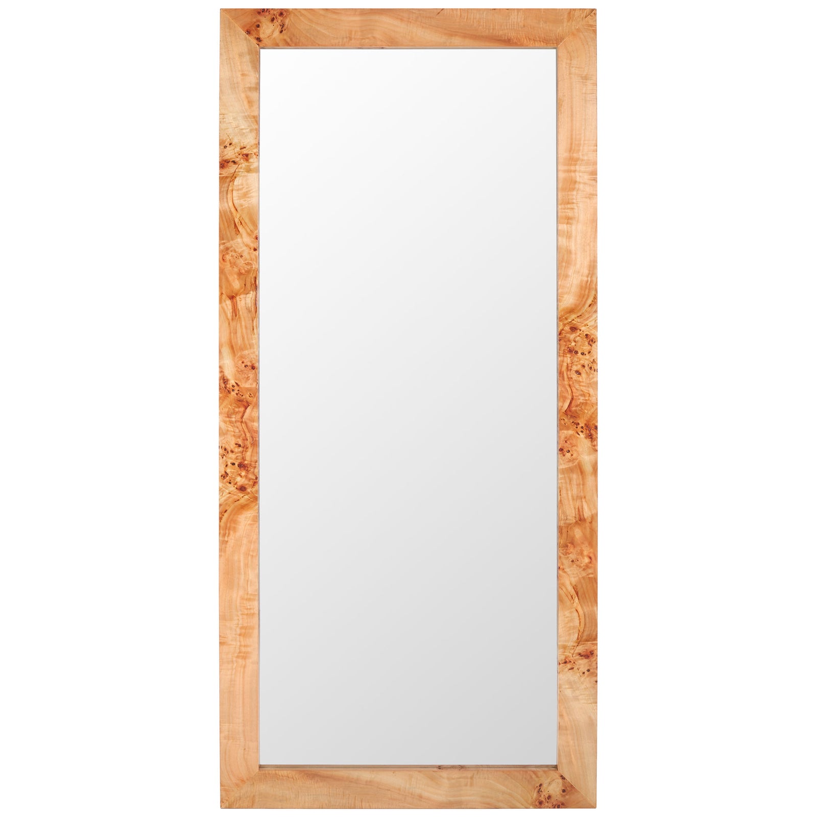 Tall rectangular mirror features a warm-toned wood frame with distinctive burl grain. || MRR9014A || front_studio