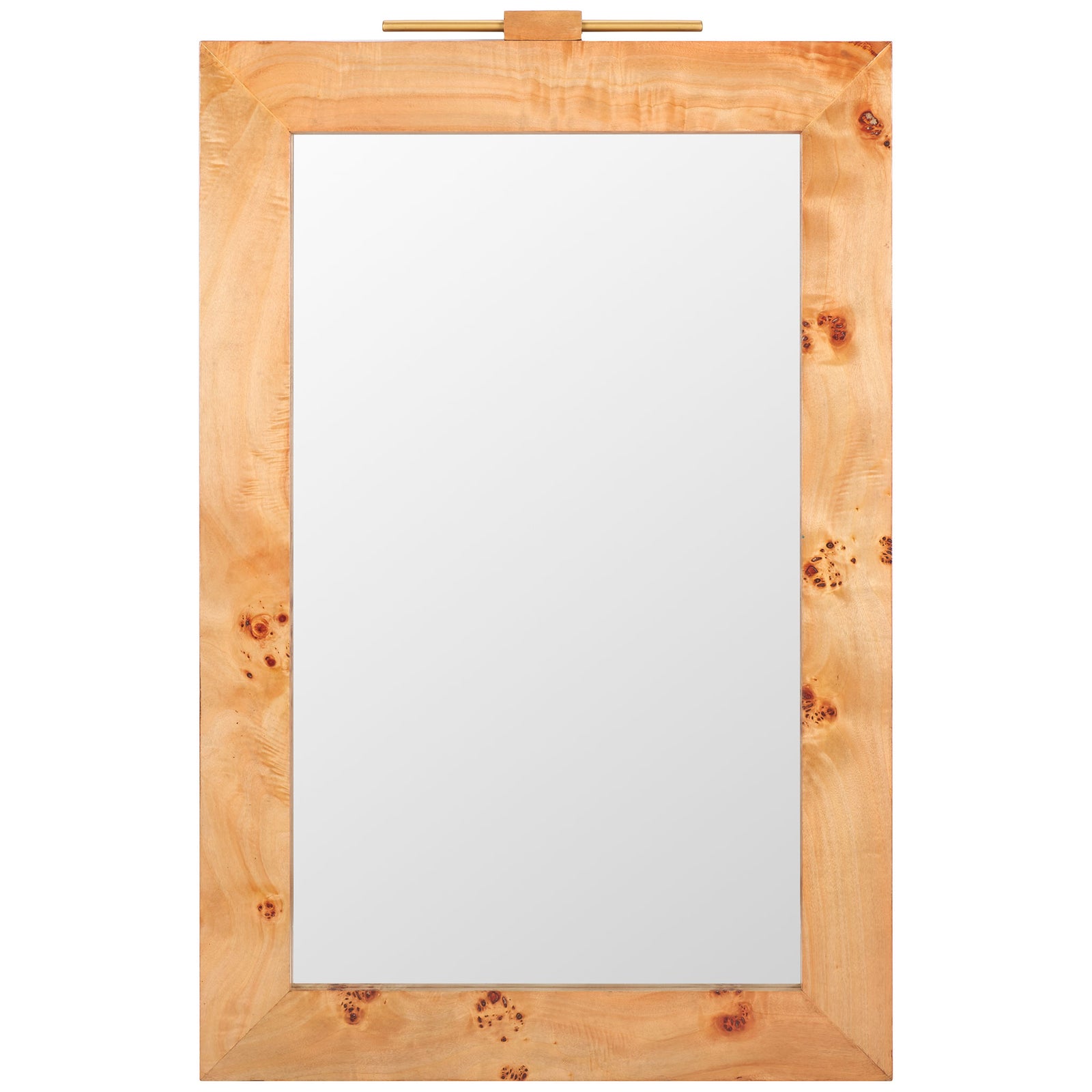 A tall rectangular mirror pairs warm, knotty wood grain with a sleek gold-tone top accent. || MRR9015A || front_studio