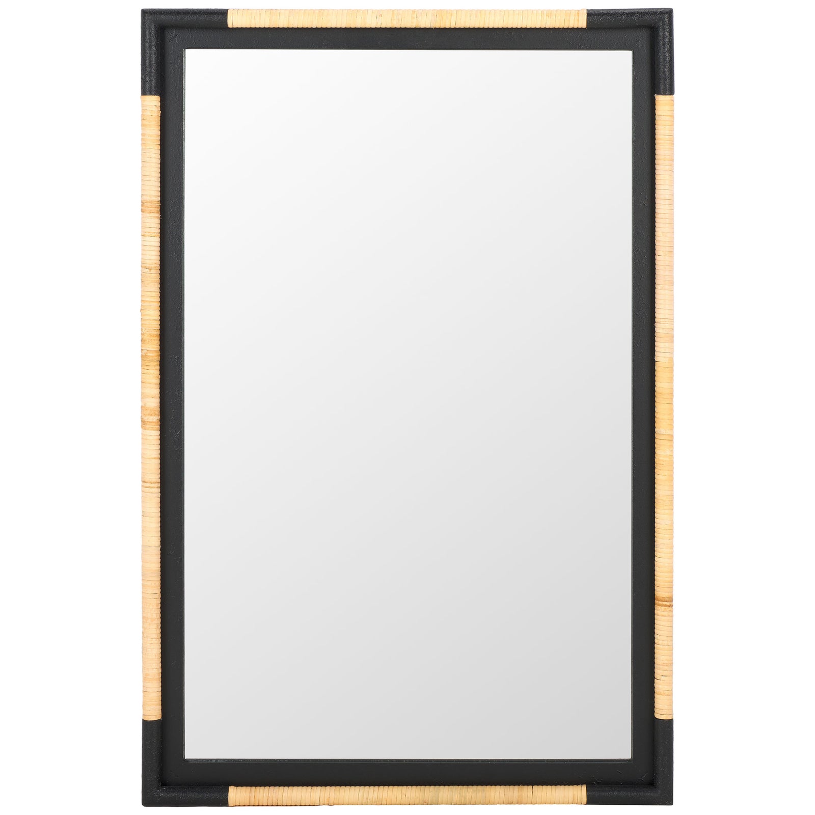 Natural rope accents add warmth and texture to the black frame of this rectangular wall mirror || MRR9016A || front_studio