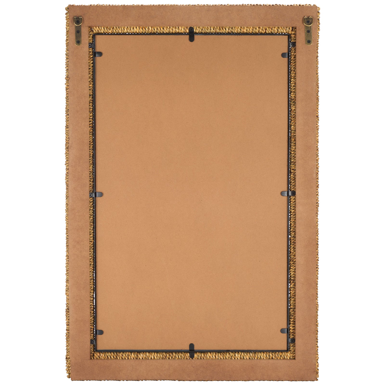 Rope-trimmed mirror features a sturdy backing with two metal wall-mount brackets. || MRR9017A || back_studio