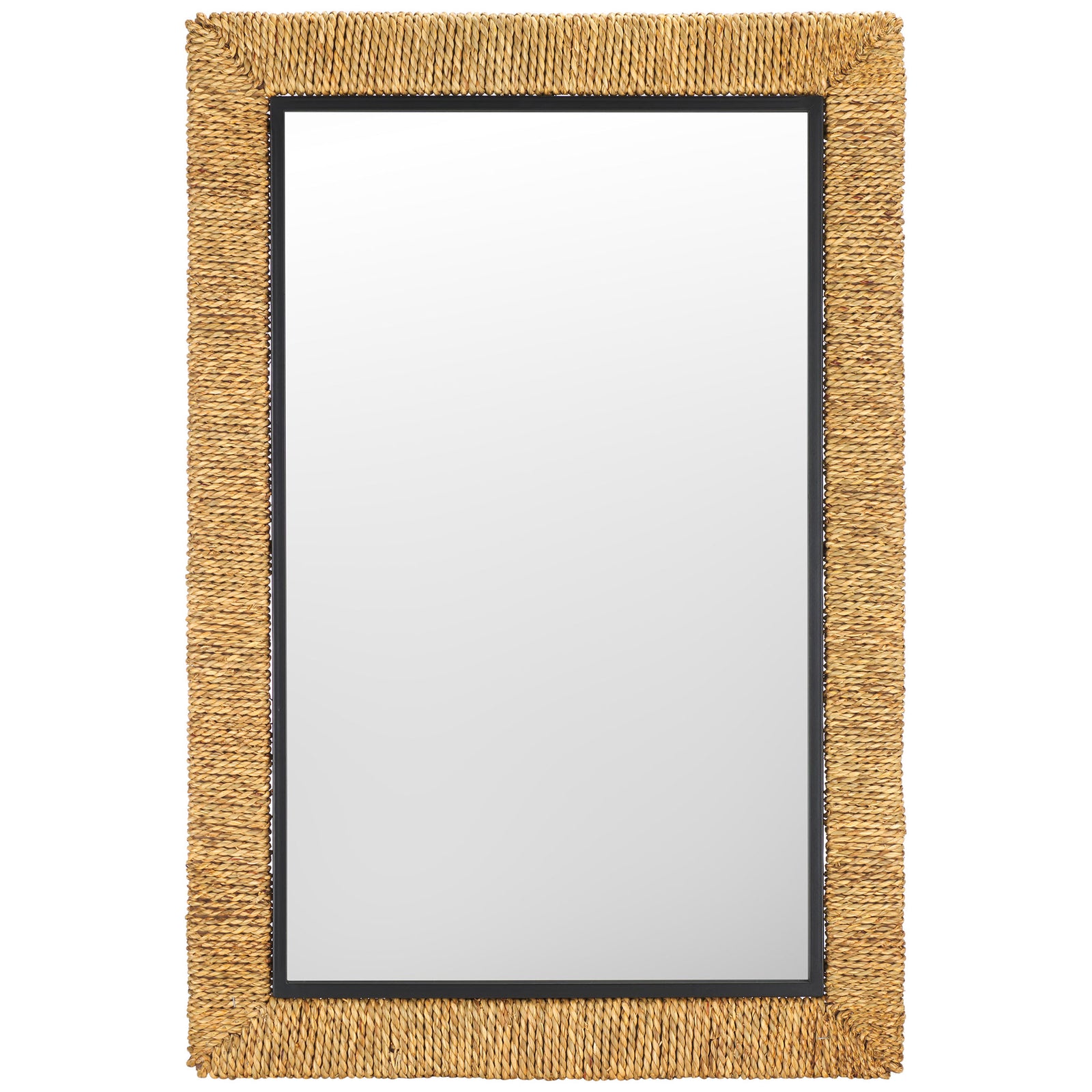 Rectangular mirror pairs a warm rope-wrapped frame with slim black inner trim. || MRR9017A || front_studio
